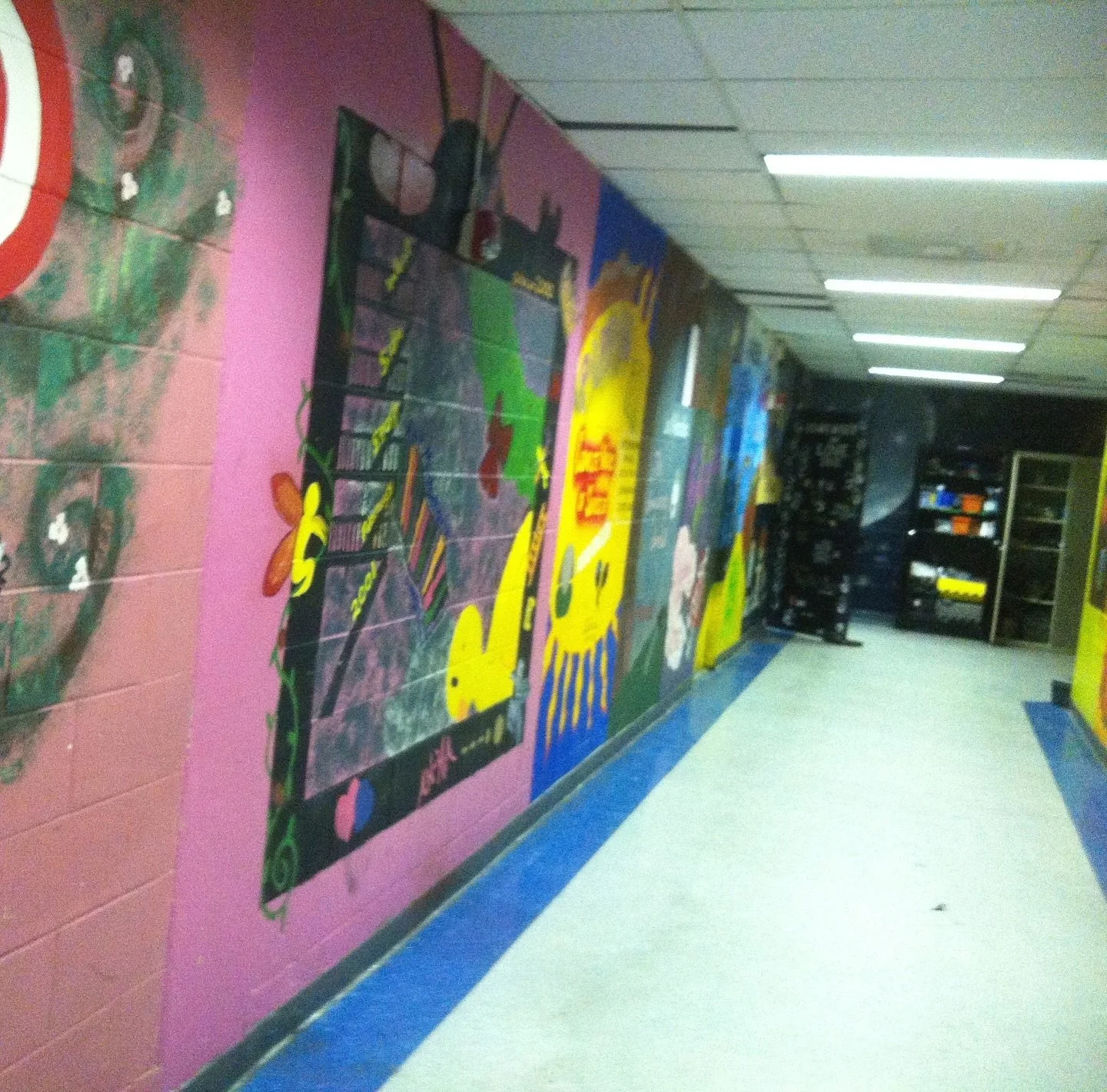 Throwback: our back hallway was painted to include all the past productions of DP theatre. This was a legacy project designed by Meg Walko (‘01) and Jenny Brown (‘01) and continued throughout the years until the renovation. Unfortunately,