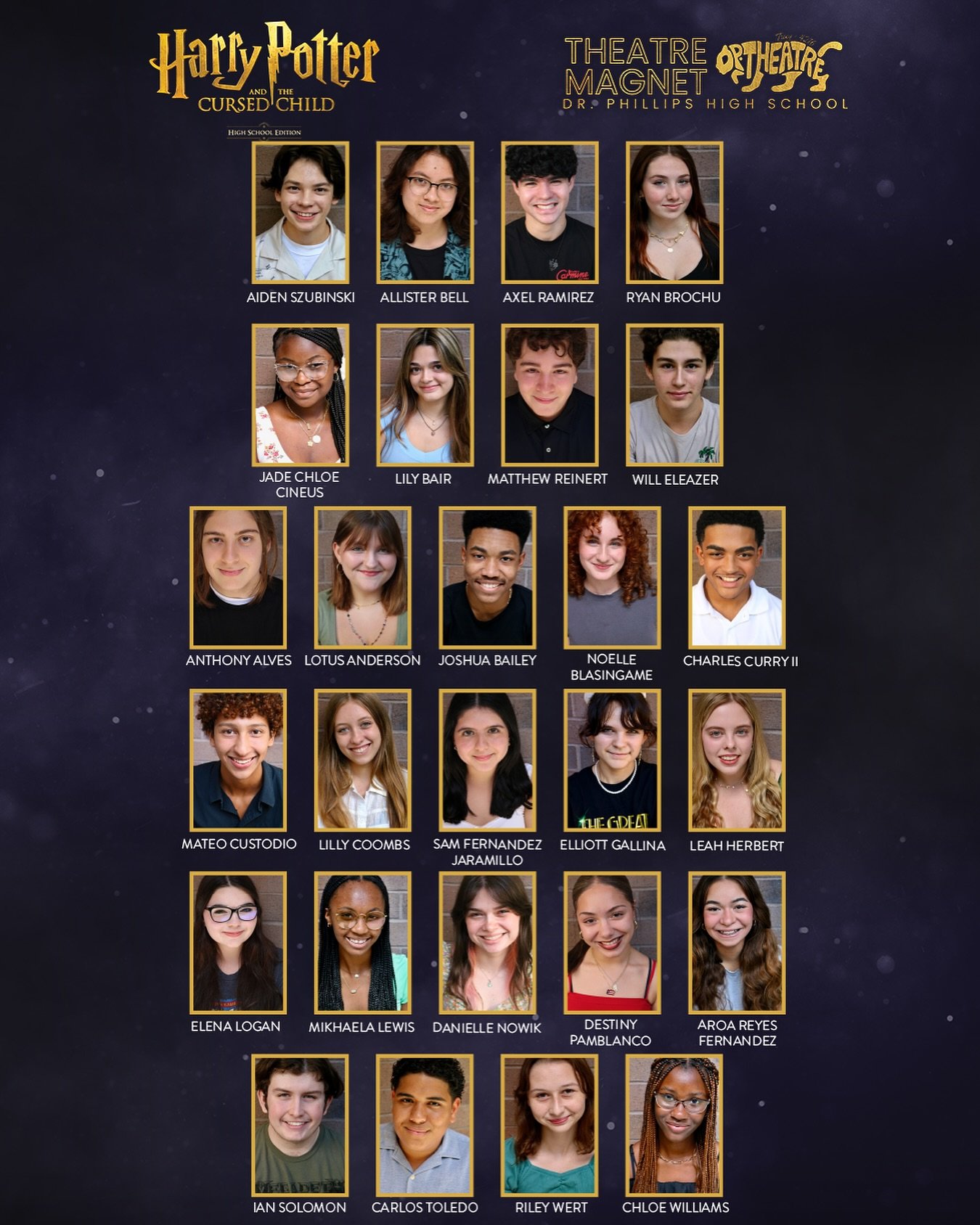 Introducing the company of the Florida Premiere of Harry Potter and the Cursed Child (High School Edition). Tickets are on sale now at www.dphstheatre.com

#cursedchilddp