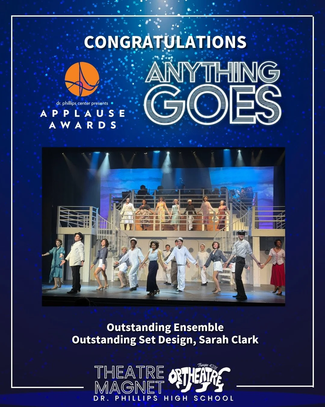 Congratulations to our phenomenal students for their incredible achievements at the 2026 Applause Awards! From the power and passion of 1776 to the high energy charm of Anything Goes, you brought your hard work and talent to bring these productions t