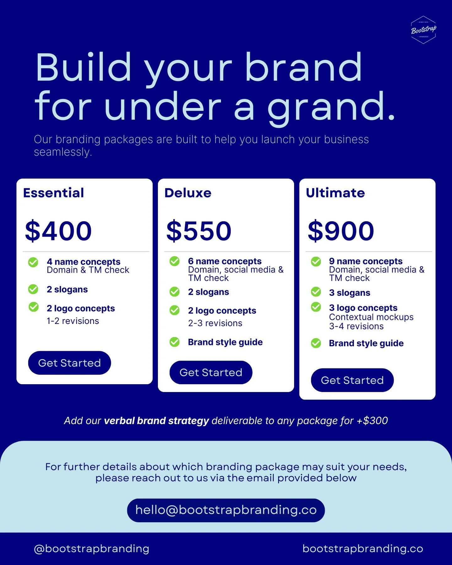 Build your brand for less than a grand with Bootstrap. Our quick-start branding packages are built to help you get your business up and running efficiently. Reach out today to learn more: hello@bootstrapbranding.co. 💙⁠
⁠
Please note, these prices ar