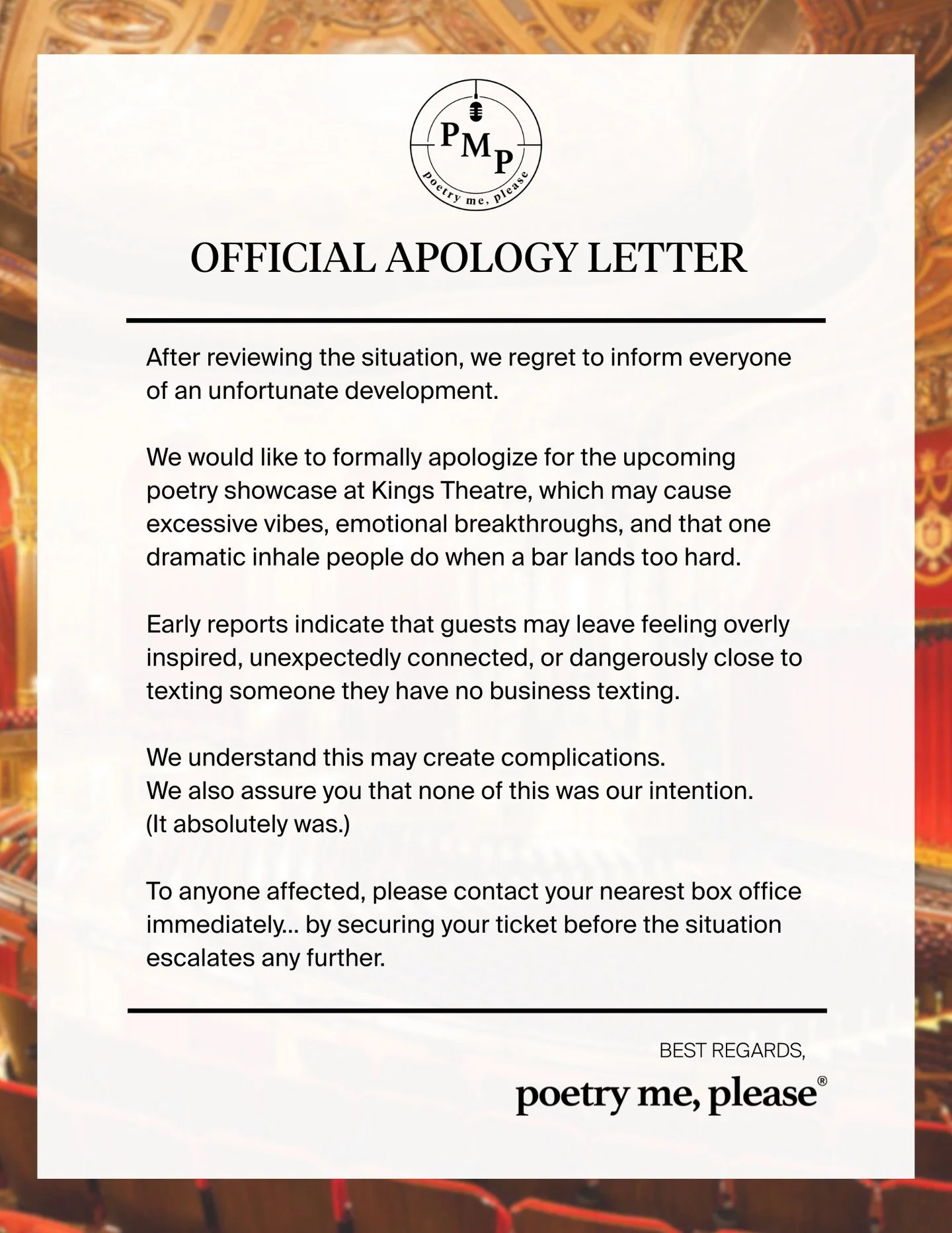 We owe you an apology &amp; we hope you can forgive us in person on November 29th.. ❤️

🎟️: poetrymeplease.com