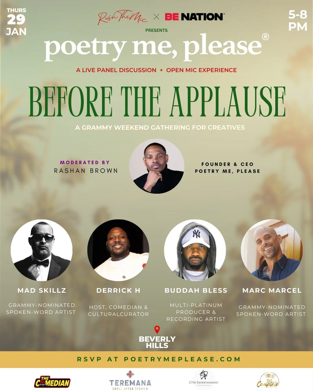PMP is headed to LA. ☀️

Before The Applause a Grammy Weekend gathering for creatives

📍 Beverly Hills
🗓 Thursday | 5&ndash;8 PM PST
🎟 Free RSVP &mdash; poetrymeplease.com

For the first time in Los Angeles, NYC&rsquo;s largest poetry showcase ser
