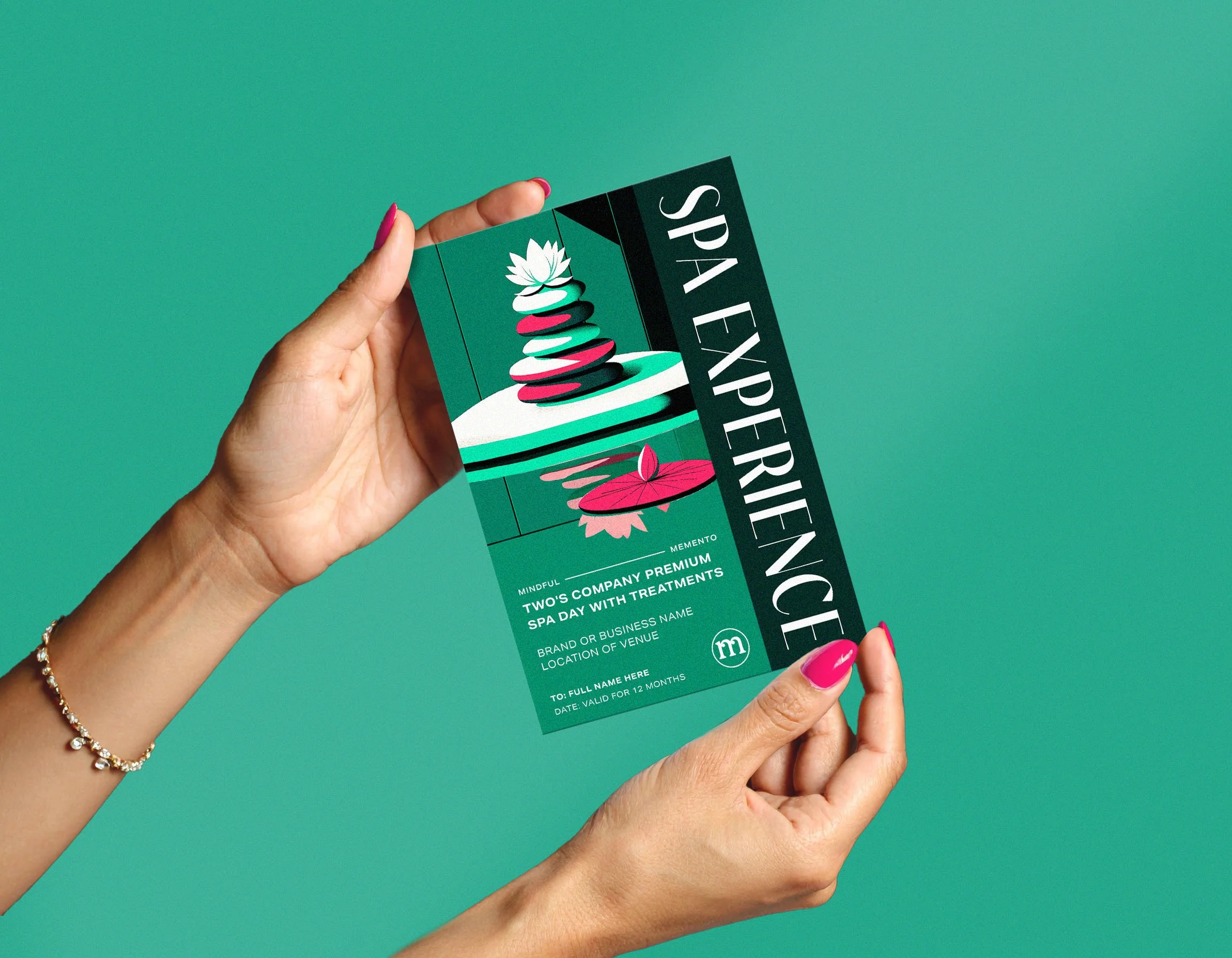 A person holding a spa experience promotion card with a design of stacked stones, a lotus flower, and water, against a green background.
