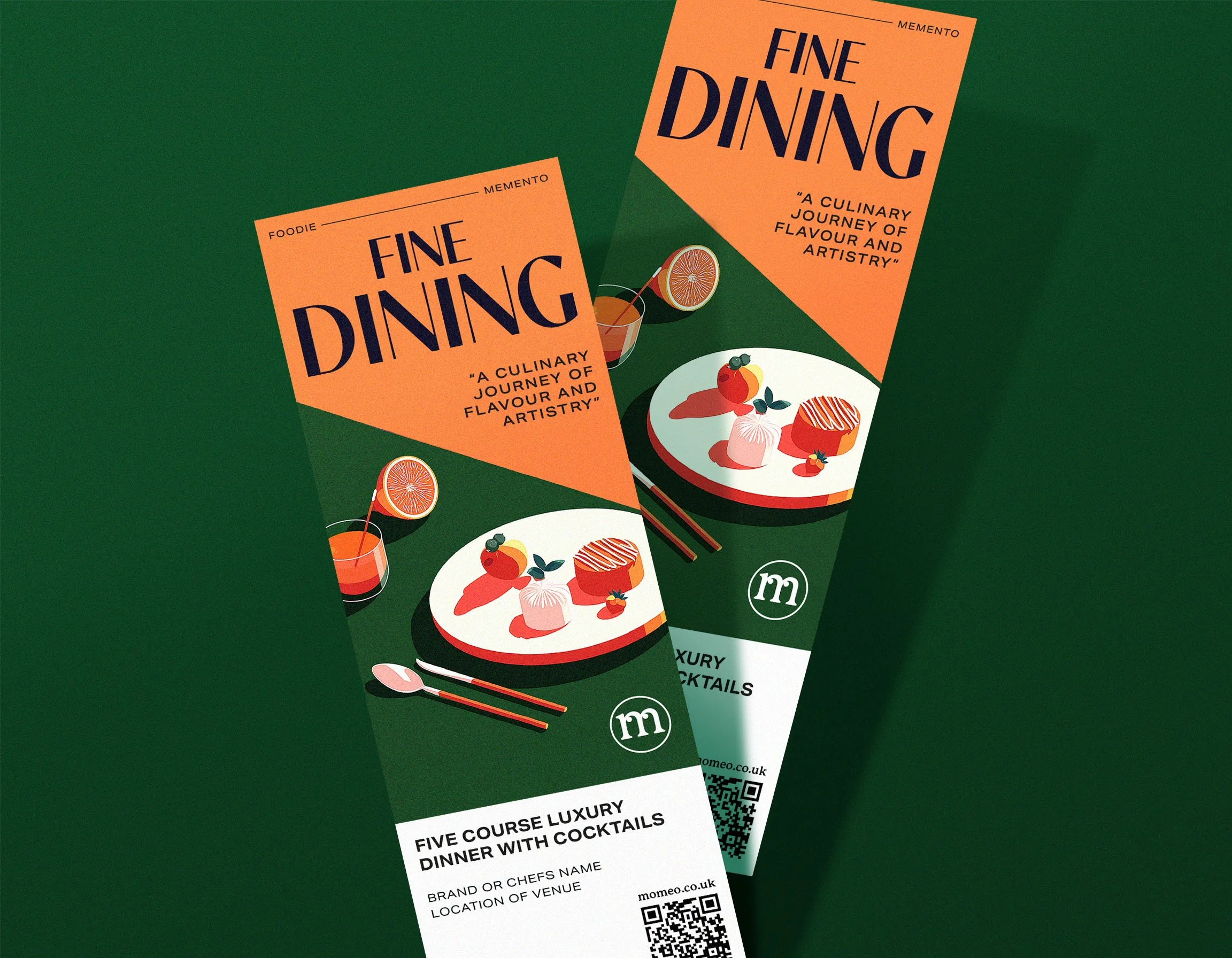 Two flyers advertising a fine dining experience featuring five course luxury dinner with cocktails. The flyers are green and orange with illustrations of a cocktail, desserts, and chopsticks.