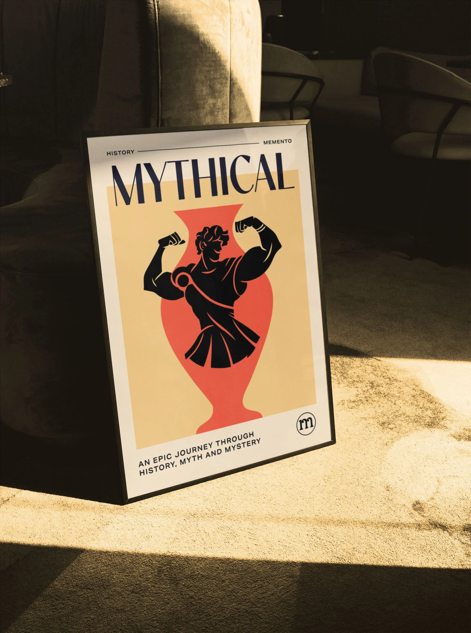 Poster titled 'Mythical' featuring a muscular mythological figure in a flexing pose with a red urn shape behind. Subtext reads 'An epic journey through history, myth, and mystery.'