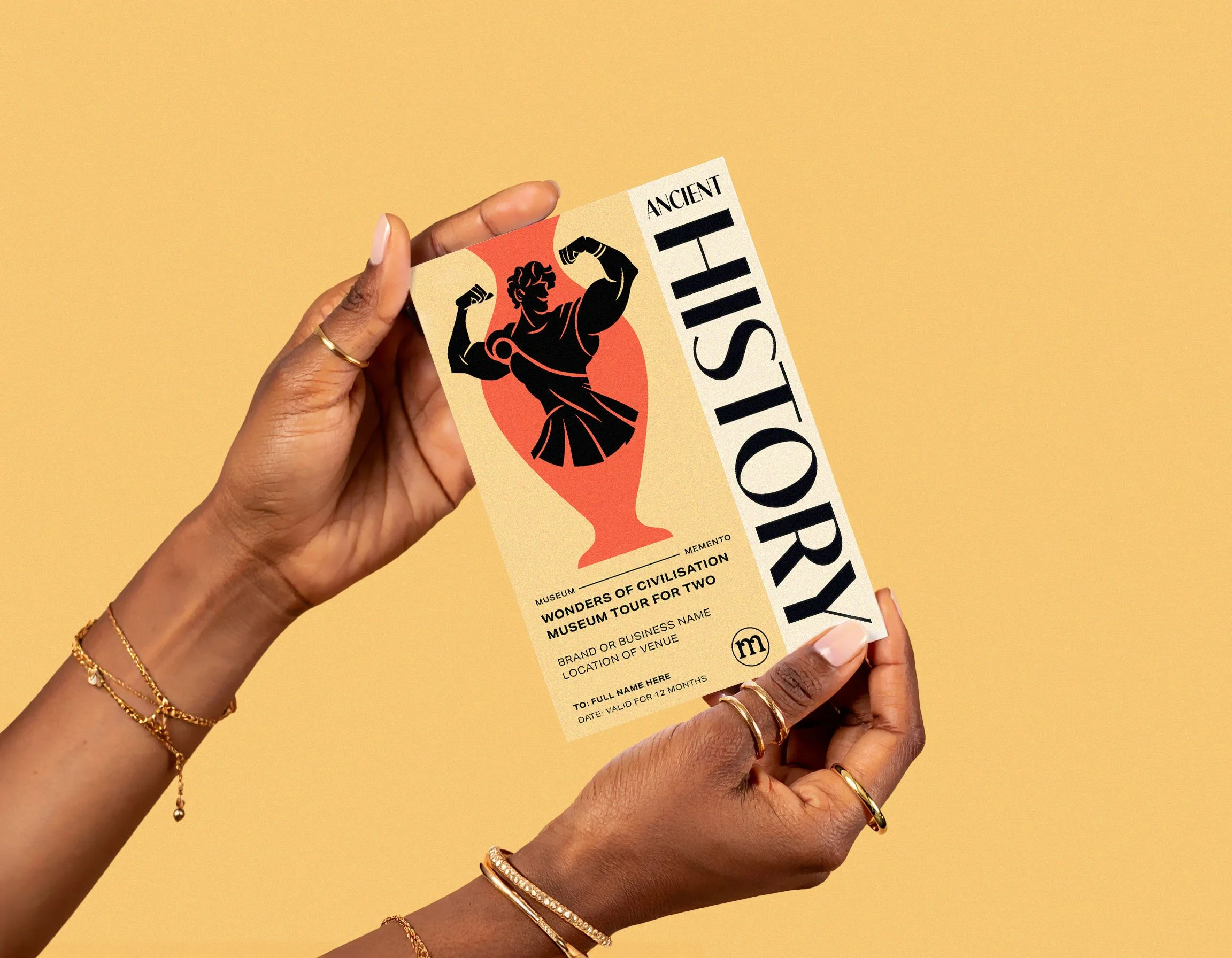 A person holding a ticket for an ancient history museum tour. The ticket features a muscular figure flexing, a large spear, and the words 'Ancient History'. The person's hands are adorned with rings and bracelets, and the background is solid yellow.
