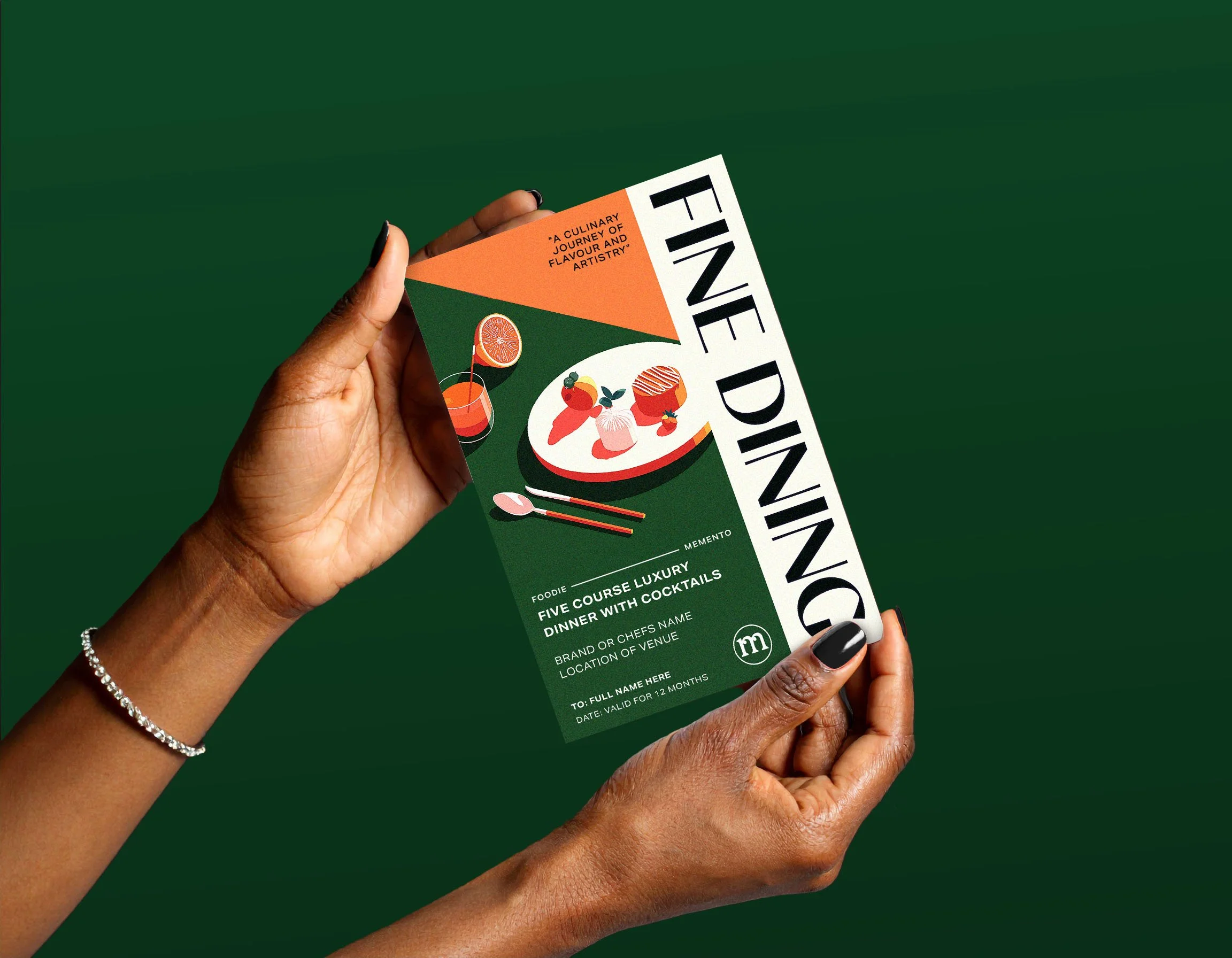 A person holding a colorful promotional flyer or menu for a five-course luxury dinner with cocktails, featuring illustrations of drinks and food on a green background.