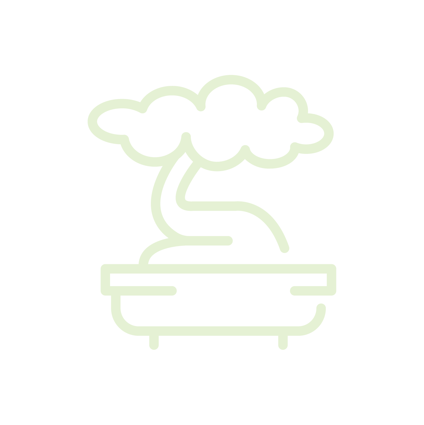 Outline neon sign of a potted bonsai tree with a cloud-shaped foliage on a black background.