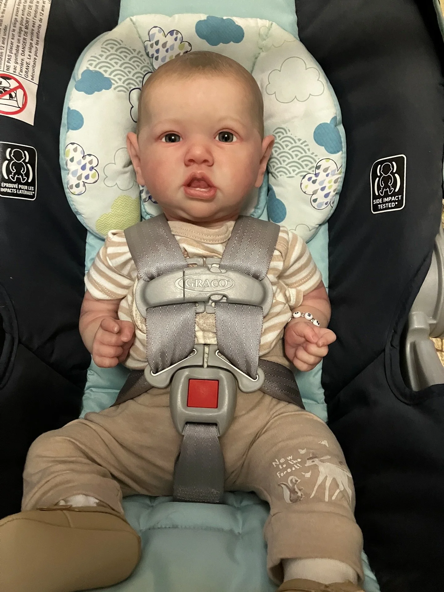 This is my demo baby Joshua. He&rsquo;s showing what a 5 point harness should look like when it is buckled correctly. 

There is no slack in the hip area, the chest clip is armpit level, and the harness is tight enough that it cannot be pinched at th