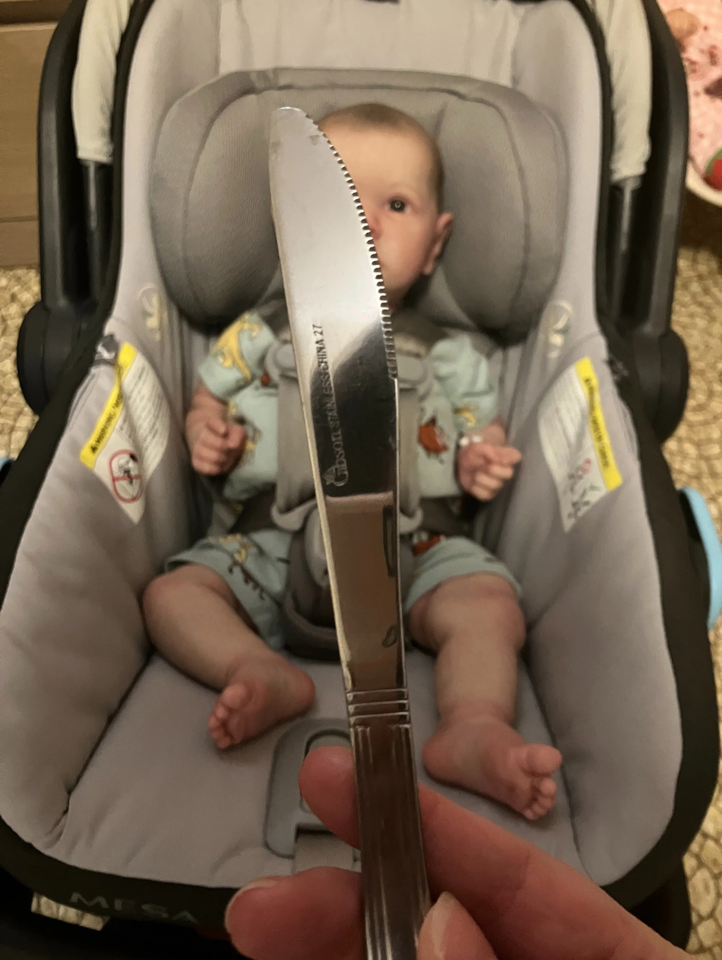 This is the most unusual item in my car seat tech kit. It is a butter knife. Why do I have it? Swipe left to see. I learned this trick from a fellow tech. You can use a butter knife to help see where the straps are coming from easier. We need straps 