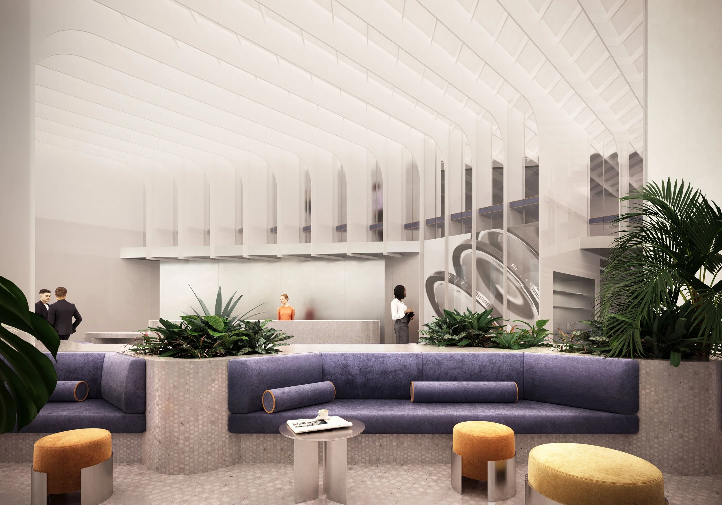 Interior view of the ASML technology headquarters lobby with linear architectural elements, illuminated glass surfaces, lounge seating, digital display screens and flexible meeting areas in a minimalist high-tech interior.