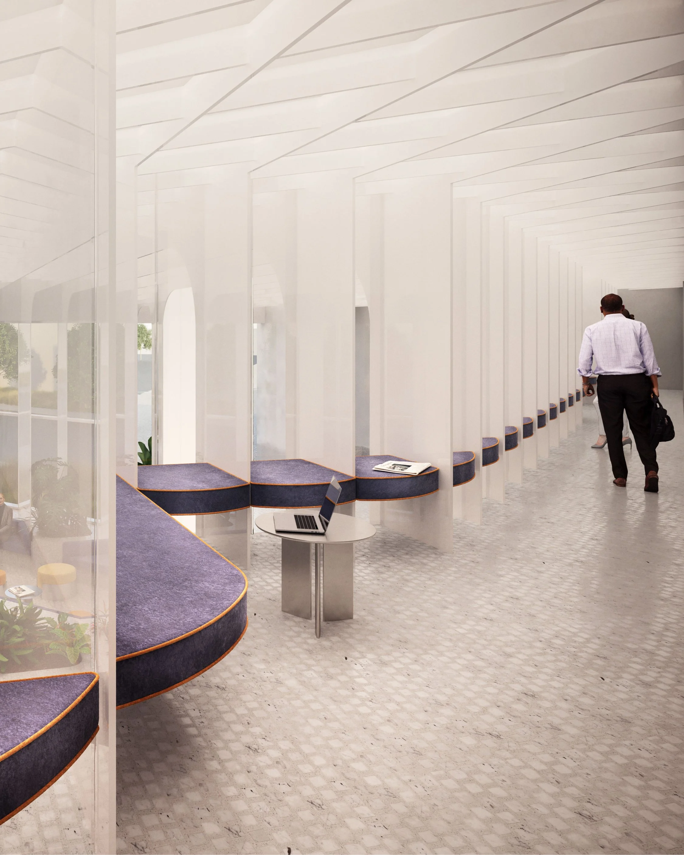 Interior view of the ASML technology headquarters lobby with linear architectural elements, illuminated glass surfaces, lounge seating, digital display screens and flexible meeting areas in a minimalist high-tech interior.