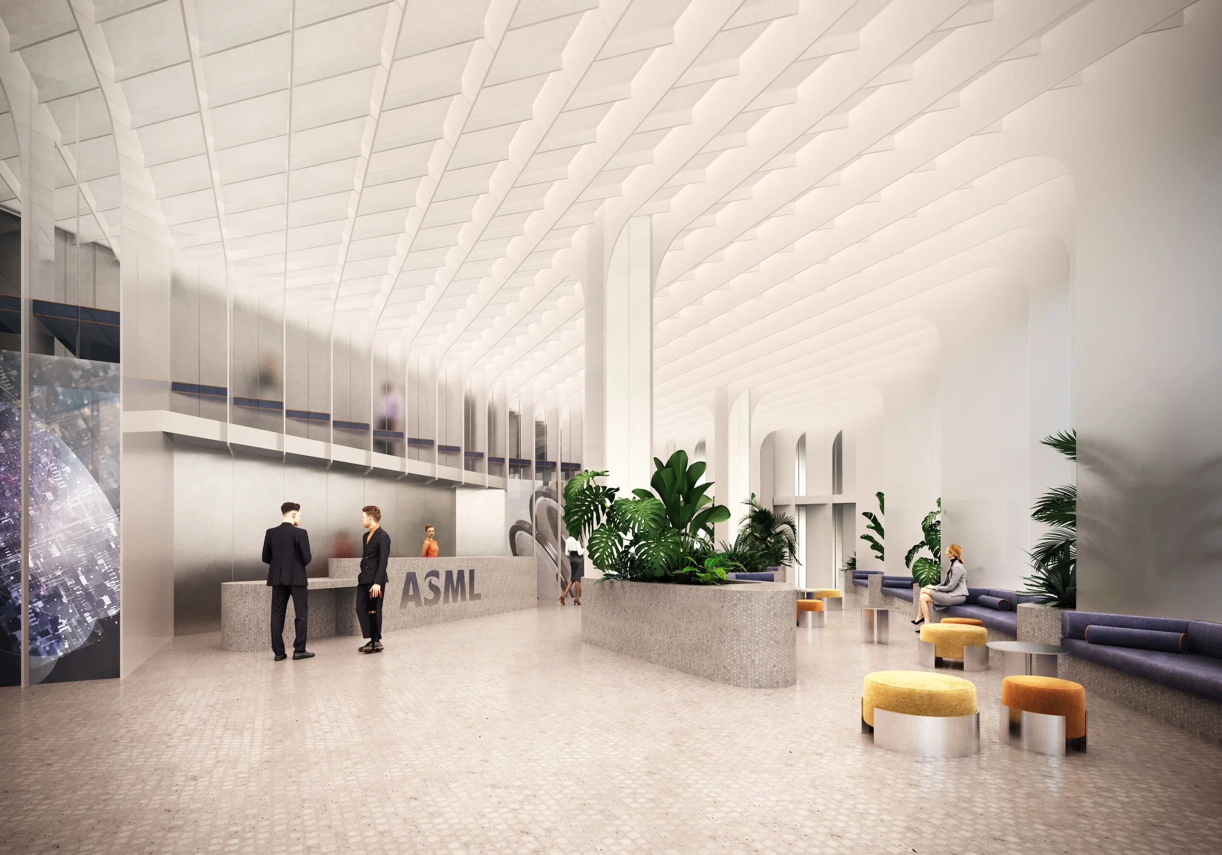 Interior view of the ASML technology headquarters lobby with linear architectural elements, illuminated glass surfaces, lounge seating, digital display screens and flexible meeting areas in a minimalist high-tech interior.