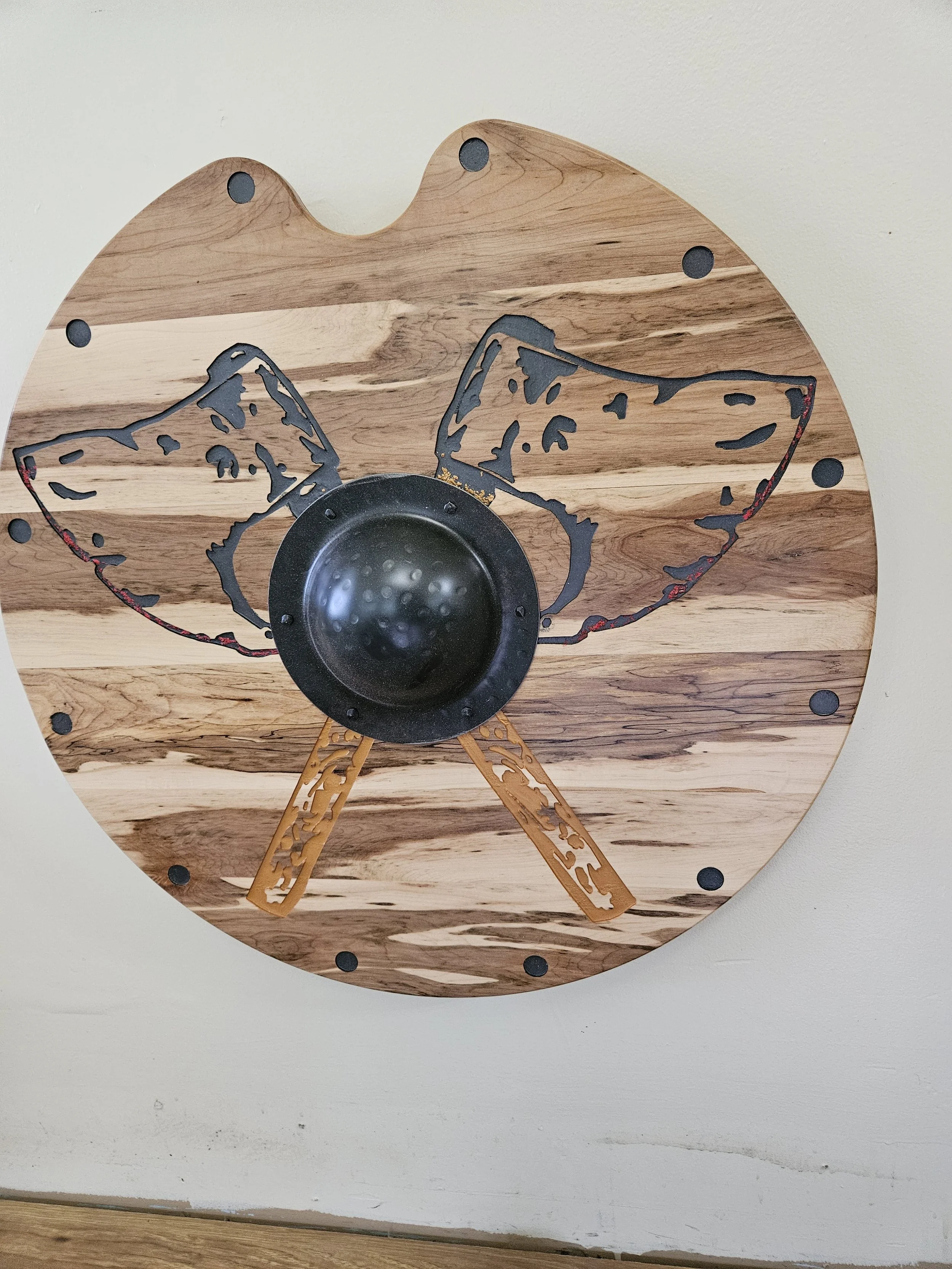 Ambrosia Maple Viking Shield with carved axes, steel boss and a spear recess 25 inch diameter