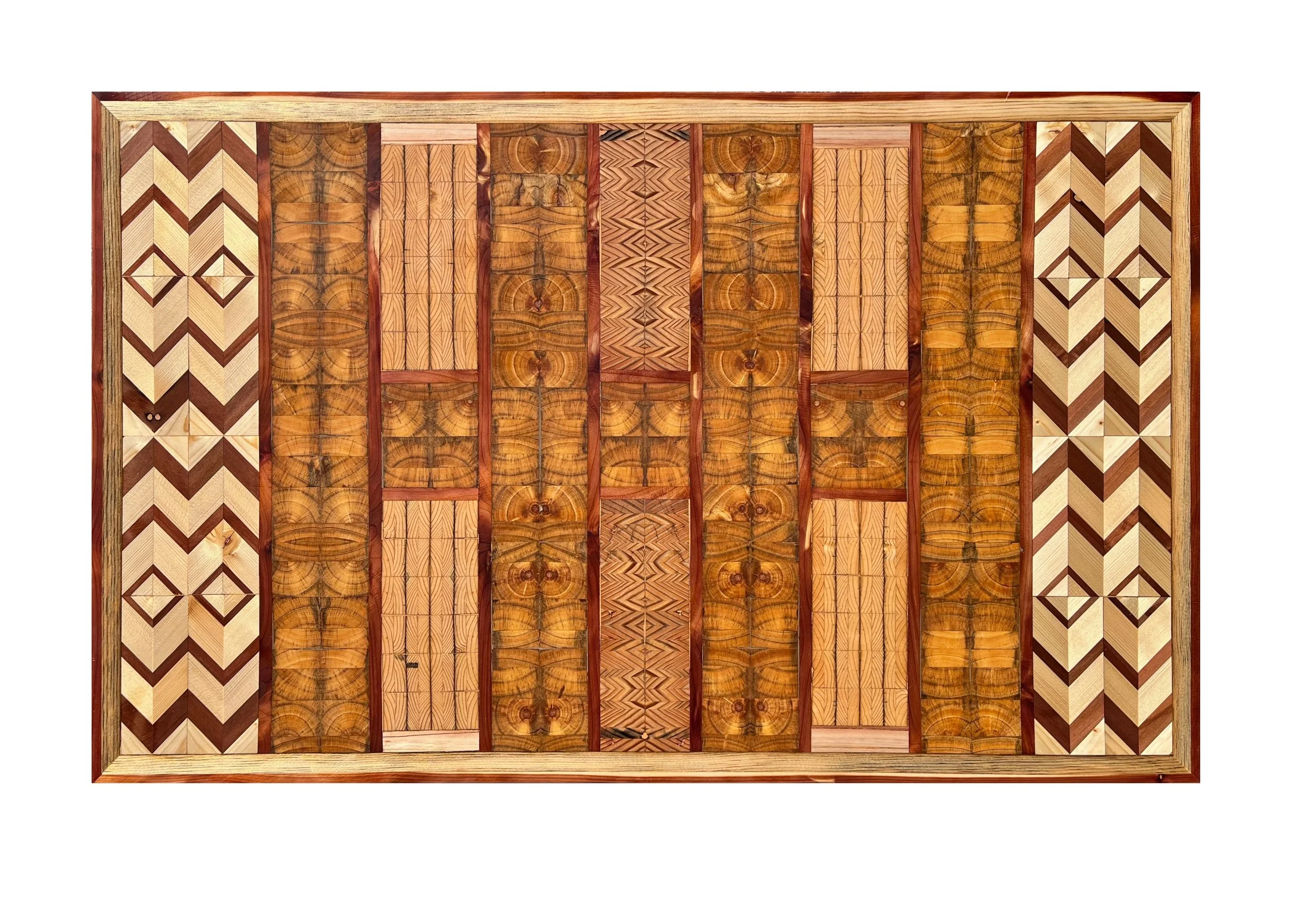 The Unmasking / Artist: Jim Kearns / 19" x 31" / $800 / Salvaged Wood Mosaic