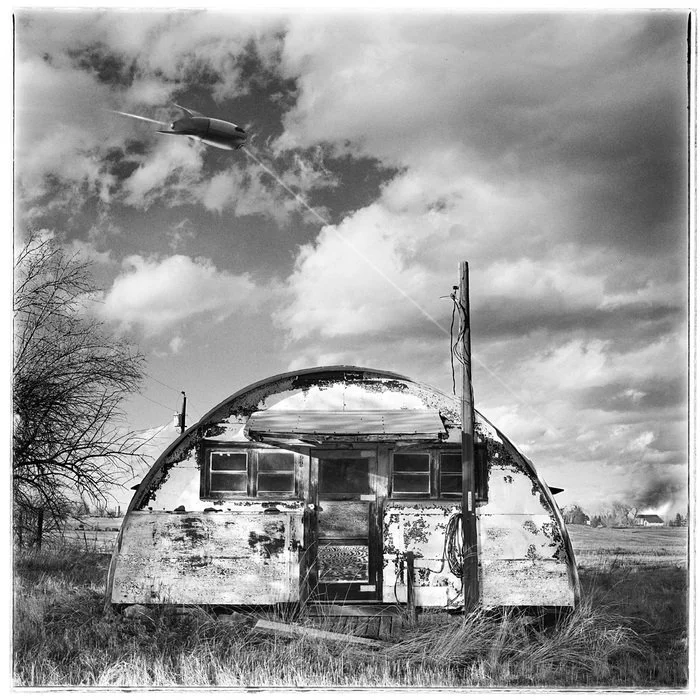 "UFO Causing Havoc Beyond a Quonset Hut" / Bob Rosinsky / 17" x 17" / $850