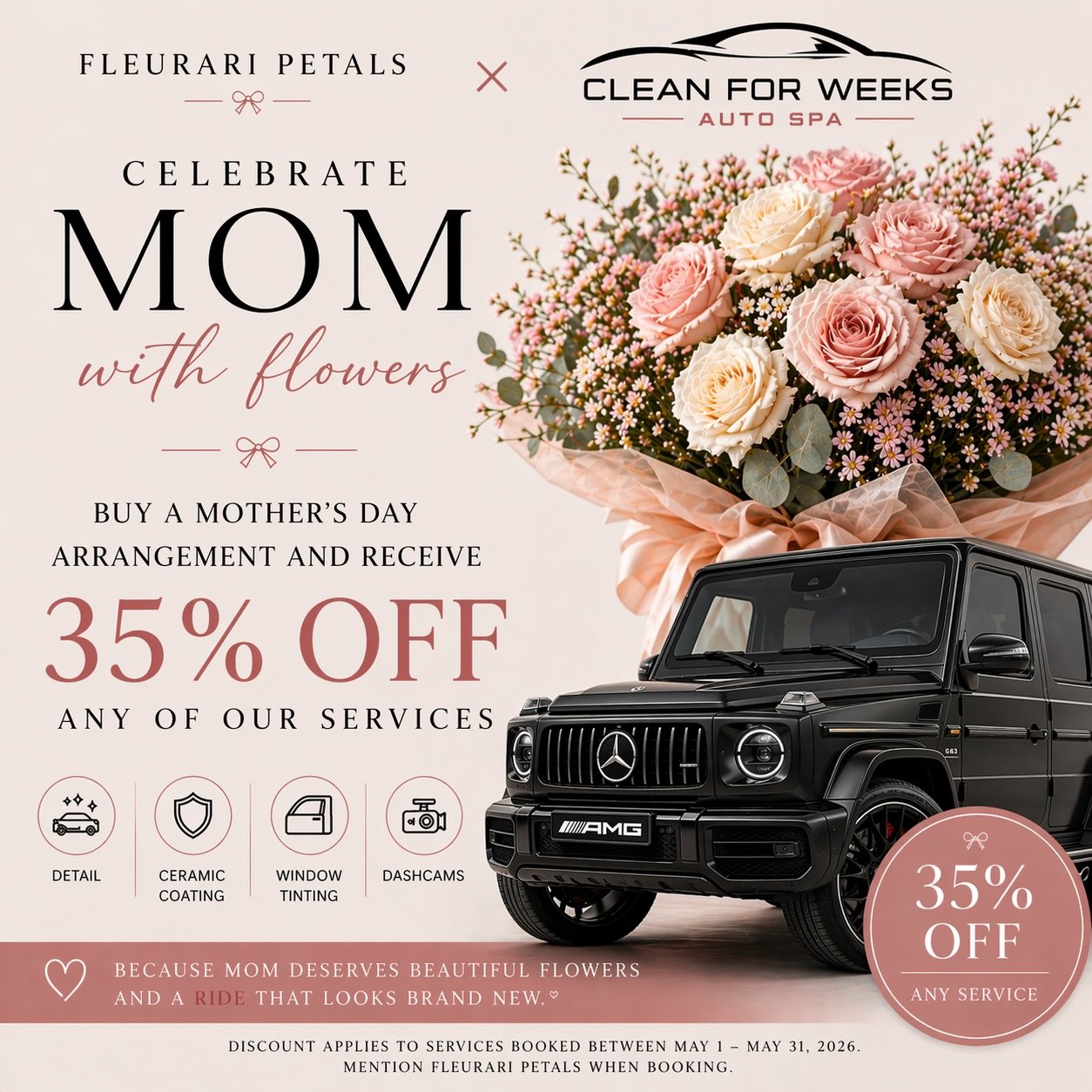 Mother&rsquo;s Day is just around the corner! 👀 here&rsquo;s what to do .. 

Step 1: Buy a Mother&rsquo;s Day arrangement 💐
Step 2: Receive 35% OFF any of our services 🚗

Order your arrangement today! 📲

#MothersDay #Flowers #AutoDetail #AutoCare