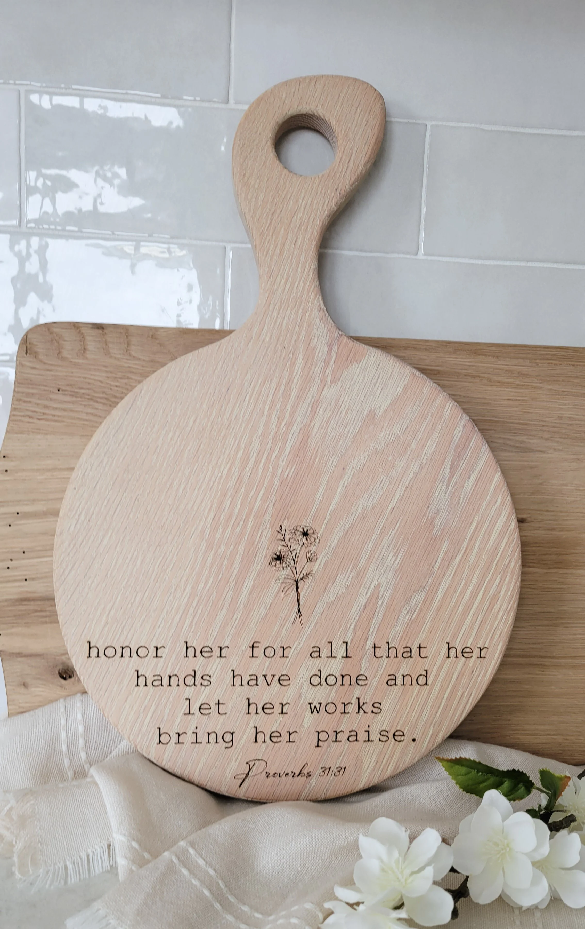 Linen Washed Proverbs 31 Engraved Oak Wood Charcuterie Board
