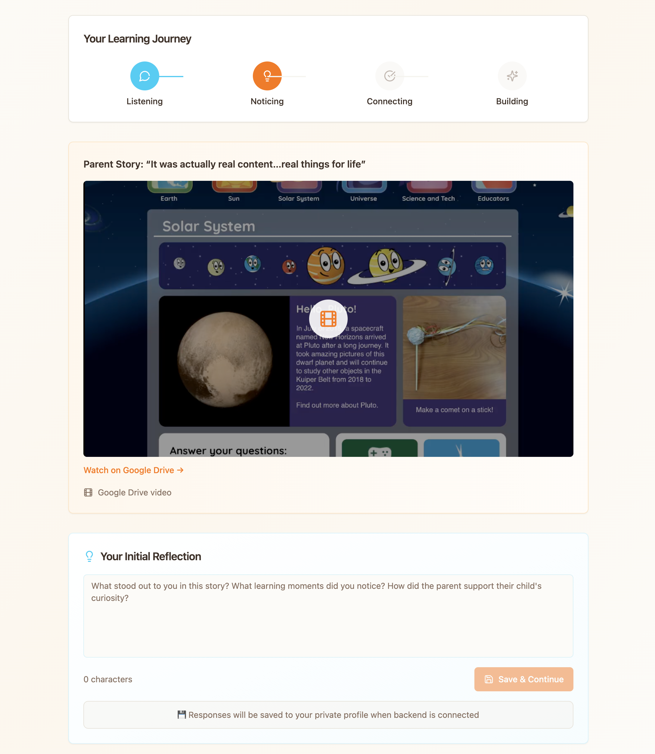 After hearing a story, users could then enter reflections on what they noticed.