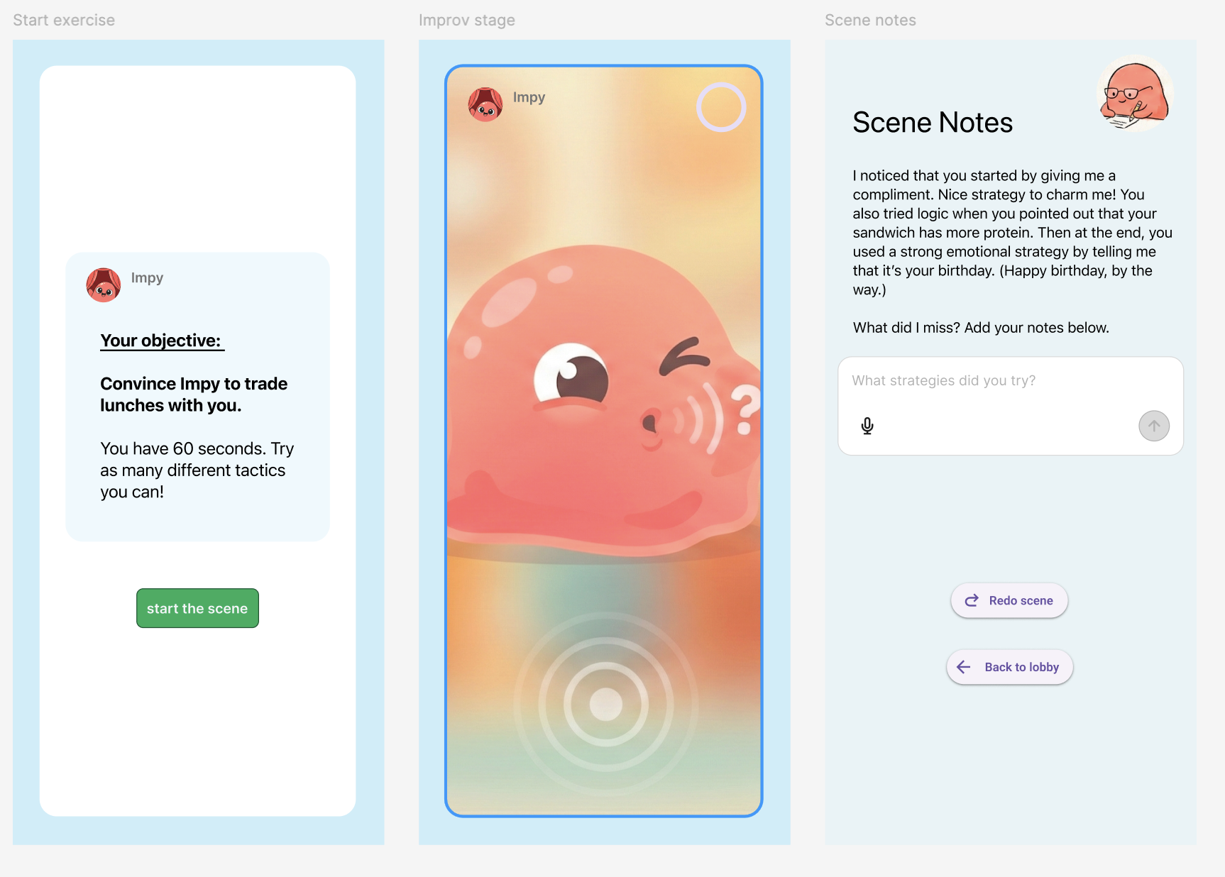 Design mockup for Happy Little Scene, showing a sample exercise interaction.