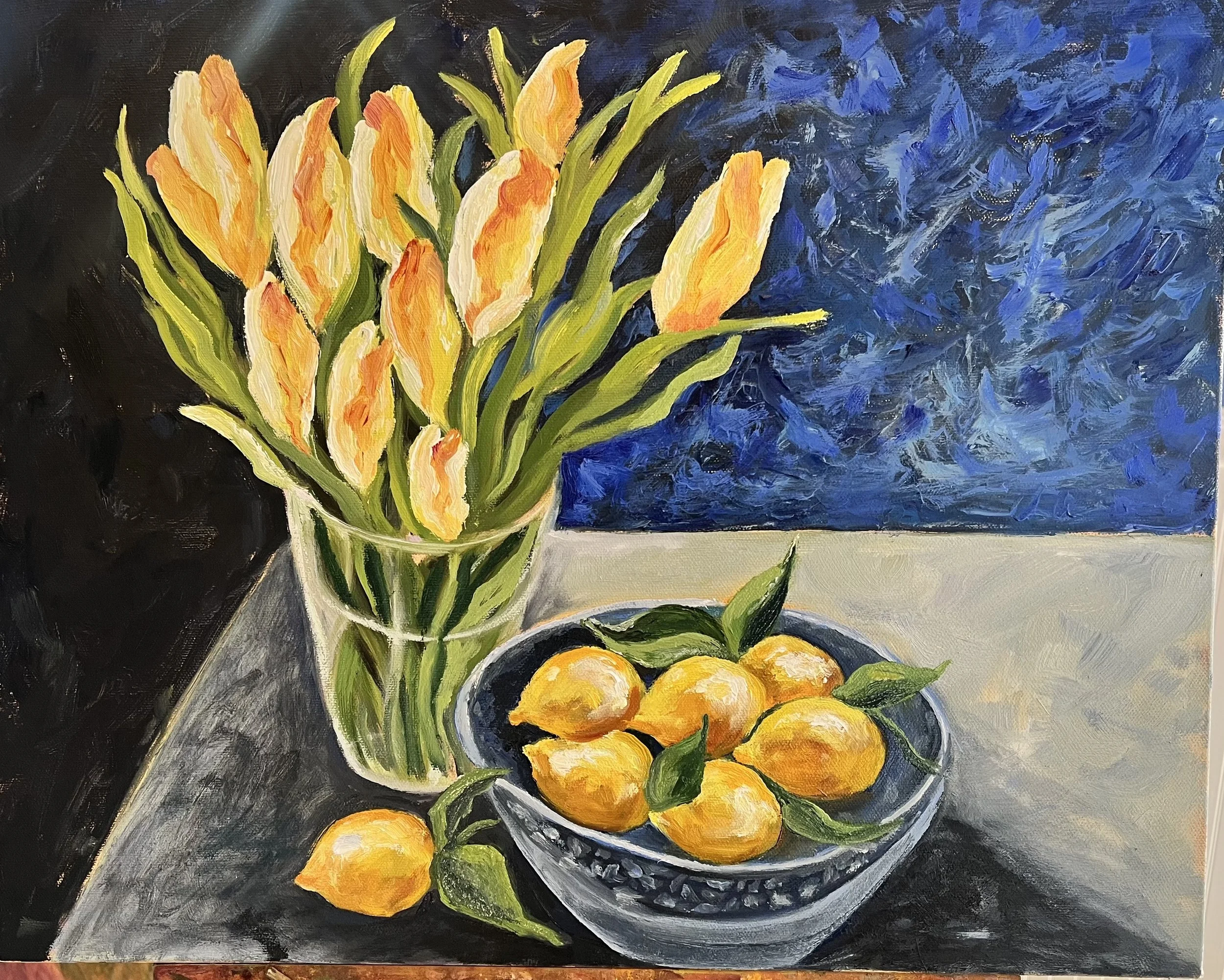 Lemon/Tulips still life, 20 x 16, oil, Available
