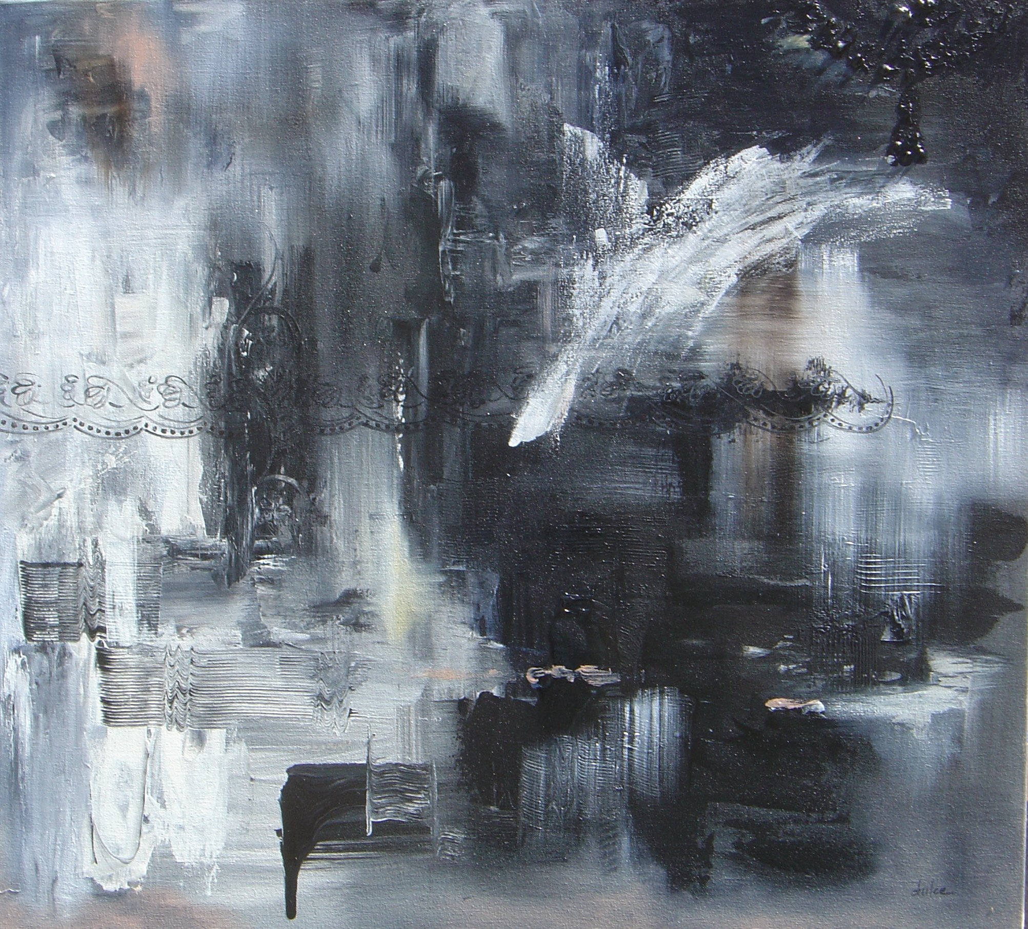 Black, white, and gray abstract painting with a swooping white streak, textured brush strokes, and some faint decorative patterns.