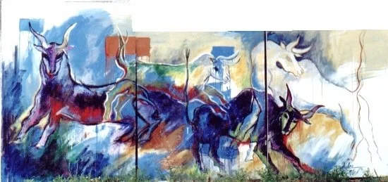 Colorful abstract painting of goats with elongated horns on a multicolored background.