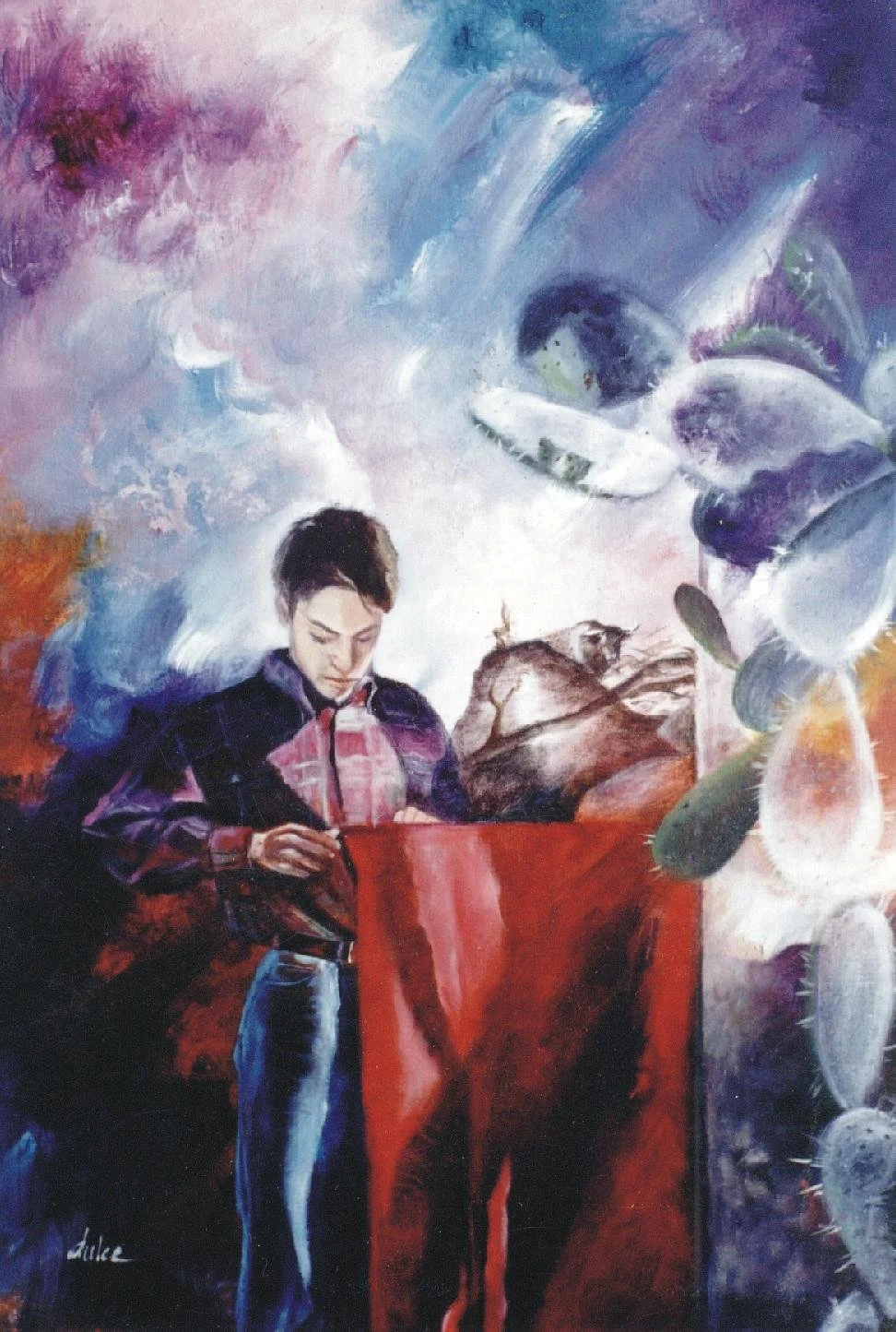 A painting of a young man with short brown hair looking at his phone, standing in front of a red podium or table. There are large, abstract, colorful clouds in the background and a giant hand or plant with fuzzy green buds on the right side.