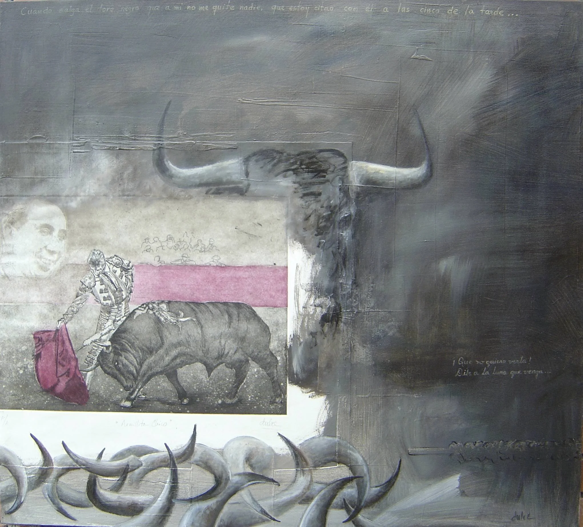 Artwork featuring a bullfighter in traditional attire with a red cape, facing a large bull, with a crowd of people in the background. The scene is composed in a grayscale palette with pink accents on the cape and background, at the bottom of the imag