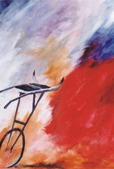 An abstract painting of a bicycle against a colorful sky with shades of blue, purple, orange, and red.