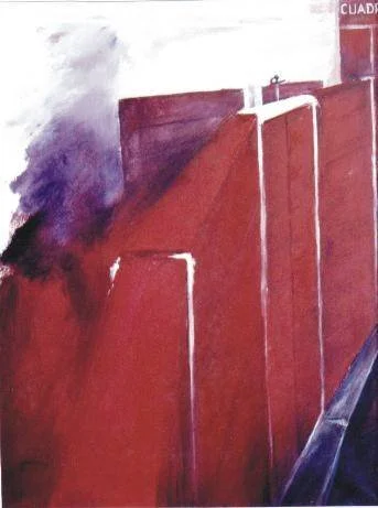 Watercolor painting of red and brown structures, possibly residential or commercial buildings, with a hint of purple smoke or shadow in the background.