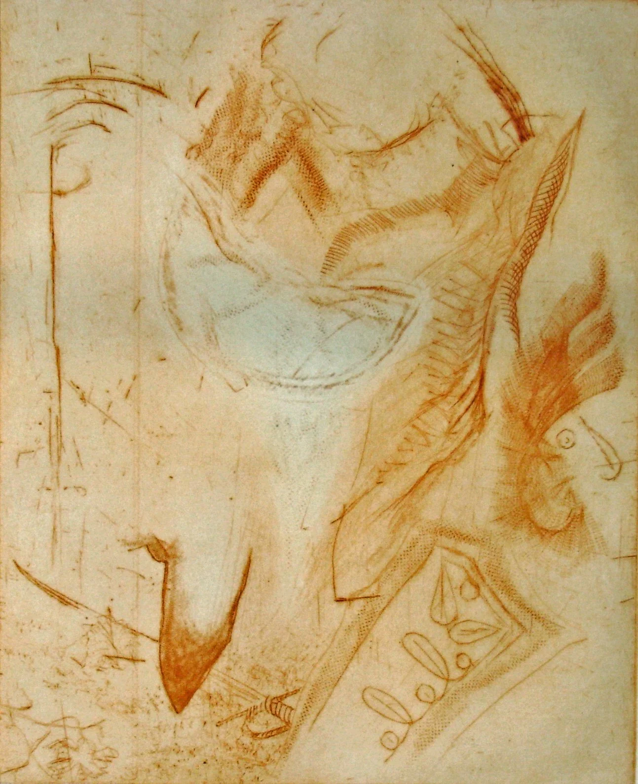 Sketch of male nude figure with a bearded face, a detailed face profile, and various other preliminary sketches surrounding it.