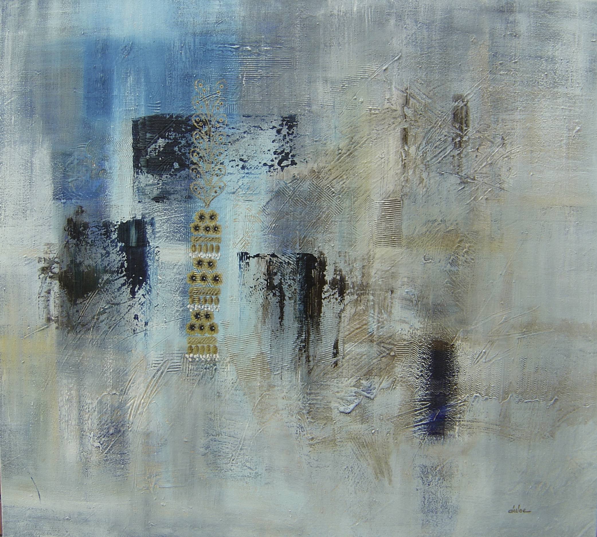 Abstract painting with shades of blue, beige, black, and white, featuring textured brushstrokes, geometric patterns, and hints of gold.