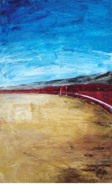 Abstract painting of a landscape with a bright blue sky, a distant hill, a red and white road, and a sandy foreground.