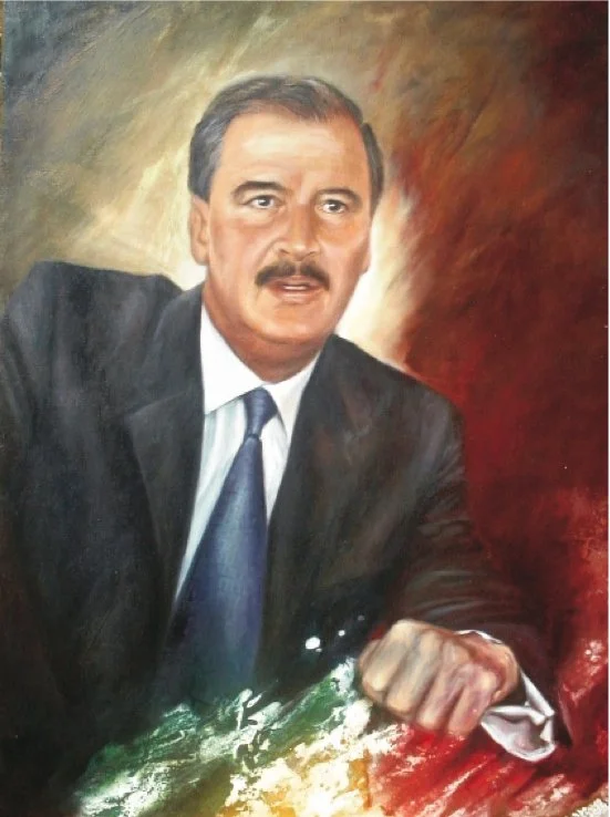 A painted portrait of a man in a suit and tie, with a mustache, sitting at a table with a white cloth, with a colorful abstract background.