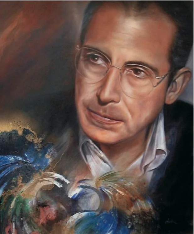 Commissioned realistic painting of Mexico President Ernesto Zedilo with a thoughtful expression, with abstract colorful brushstrokes at the bottom.