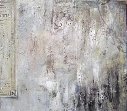 A textured wall with abstract gray, white, and black paint, and a partially visible old newspaper clipping on the left side.