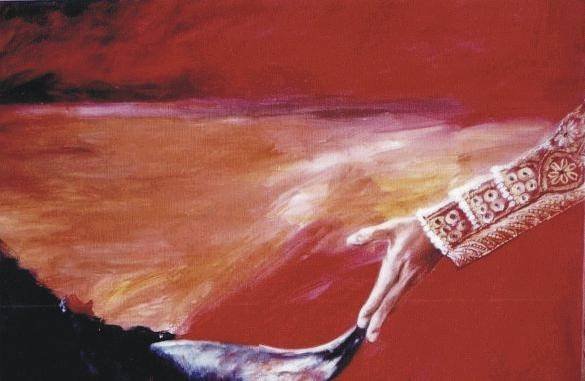 A painting of a hand reaching out from a red background, with a large wave or water scene in the background.