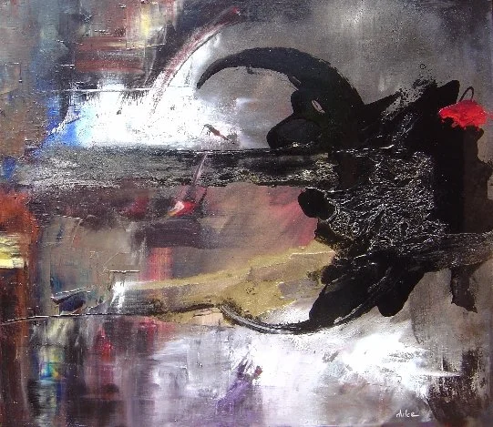 Abstract painting with dark tones and a pop of red in a chaotic, expressive style.