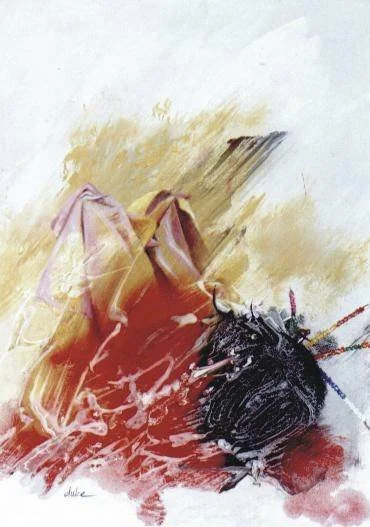 Abstract painting of a dead cockroach with splashes of red, black, and beige paint.