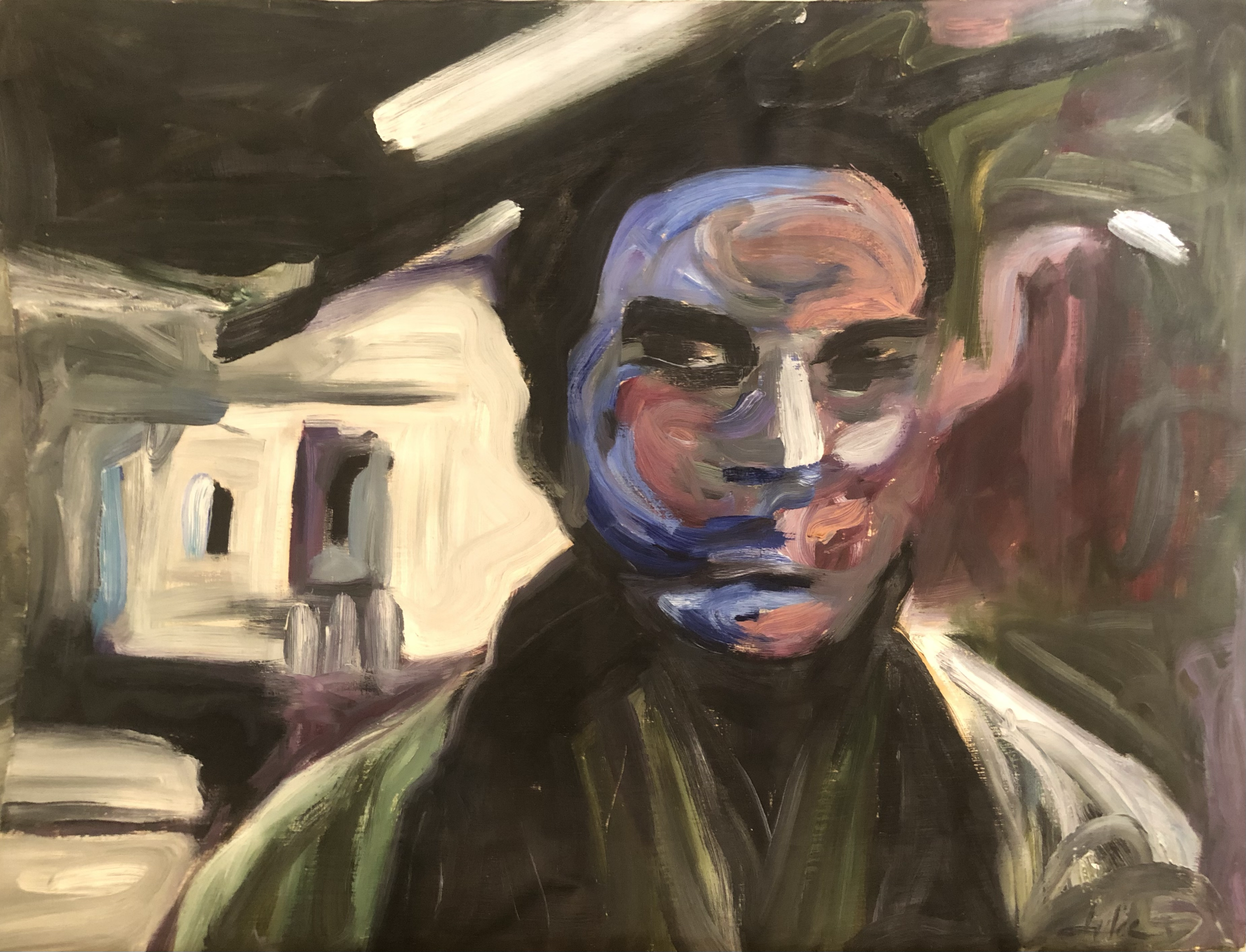 Abstract portrait of a woman with dark hair, painted with bold brushstrokes in various colors, featuring a black shirt and a background of soft, blended hues.