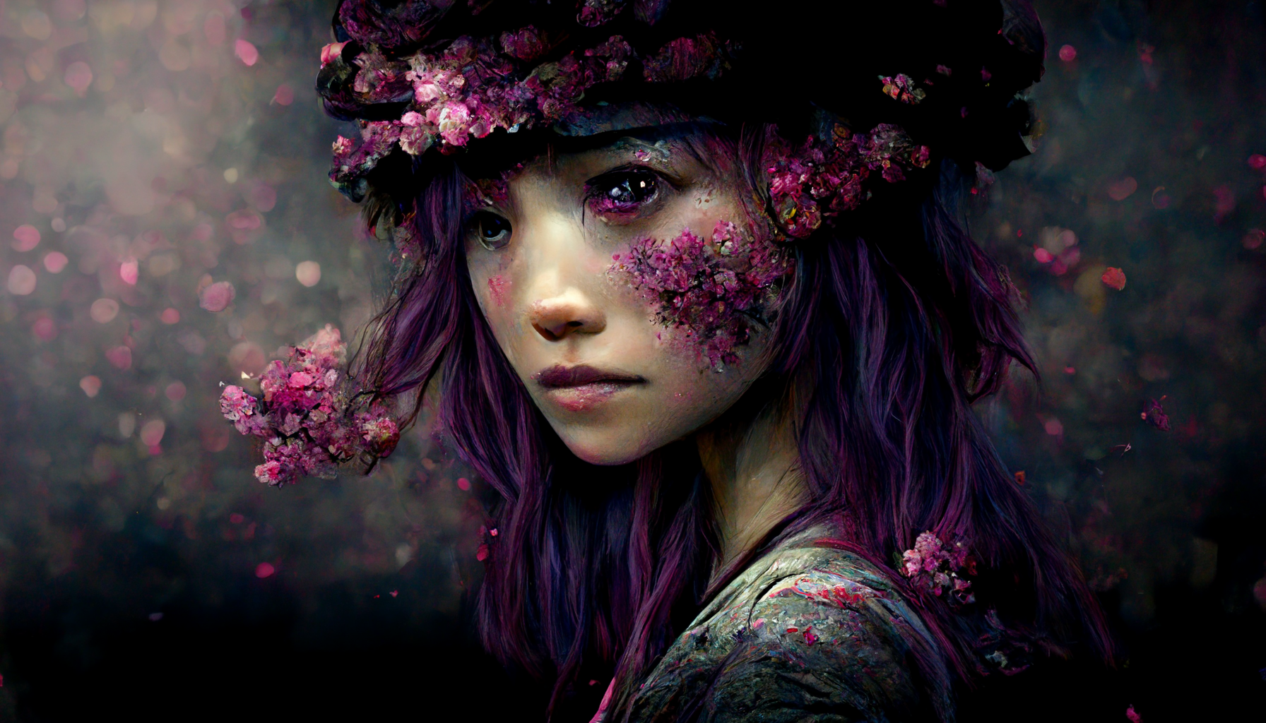 "super photo realistic hyper-detailed close-up portrait of a girl sitting in field in a blizzard of cherry blossoms, purple highlights, pink neon hair light, a headdress made up of an explosion of woodcut flowers, surreal, on the edge of infinity, fu