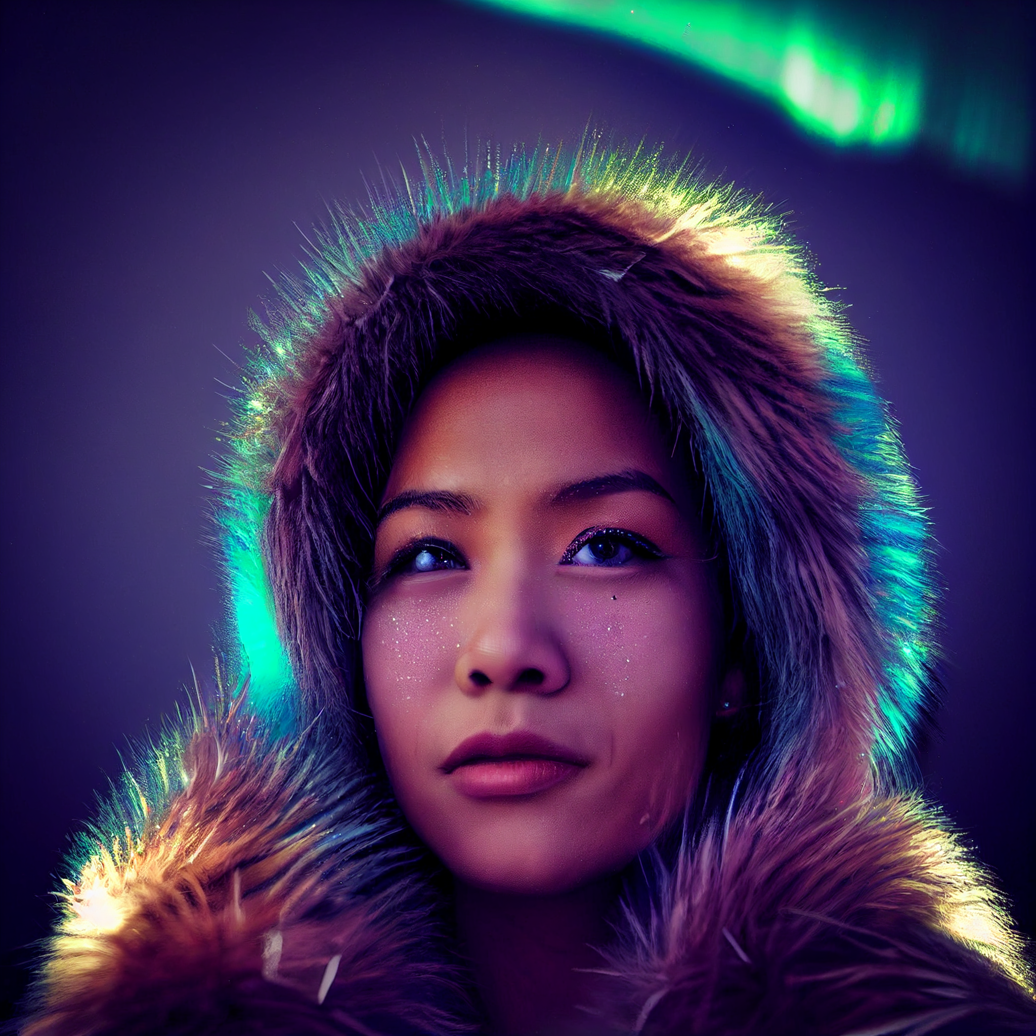 "bright skyline of a futuristic city is in the background, photrealistic, hyper-detailed, photography portrait of a polynesian woman in a fur parka; her tears are turning to ice, icicles form in her hair, she is in a snow storm, bokeh, northern light
