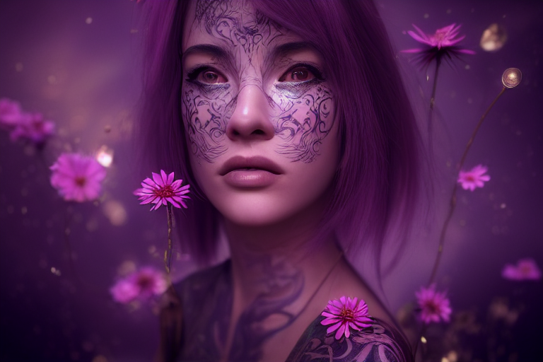"hyper-realistic, 3d render, photo realism, filigree face tattoo of a flower, milky way reflected in her eyes, octane render, purple highlights, pink rim light, surreal, futuristic, psychedelic highly detailed background, bokeh, volumetric shadows, 3