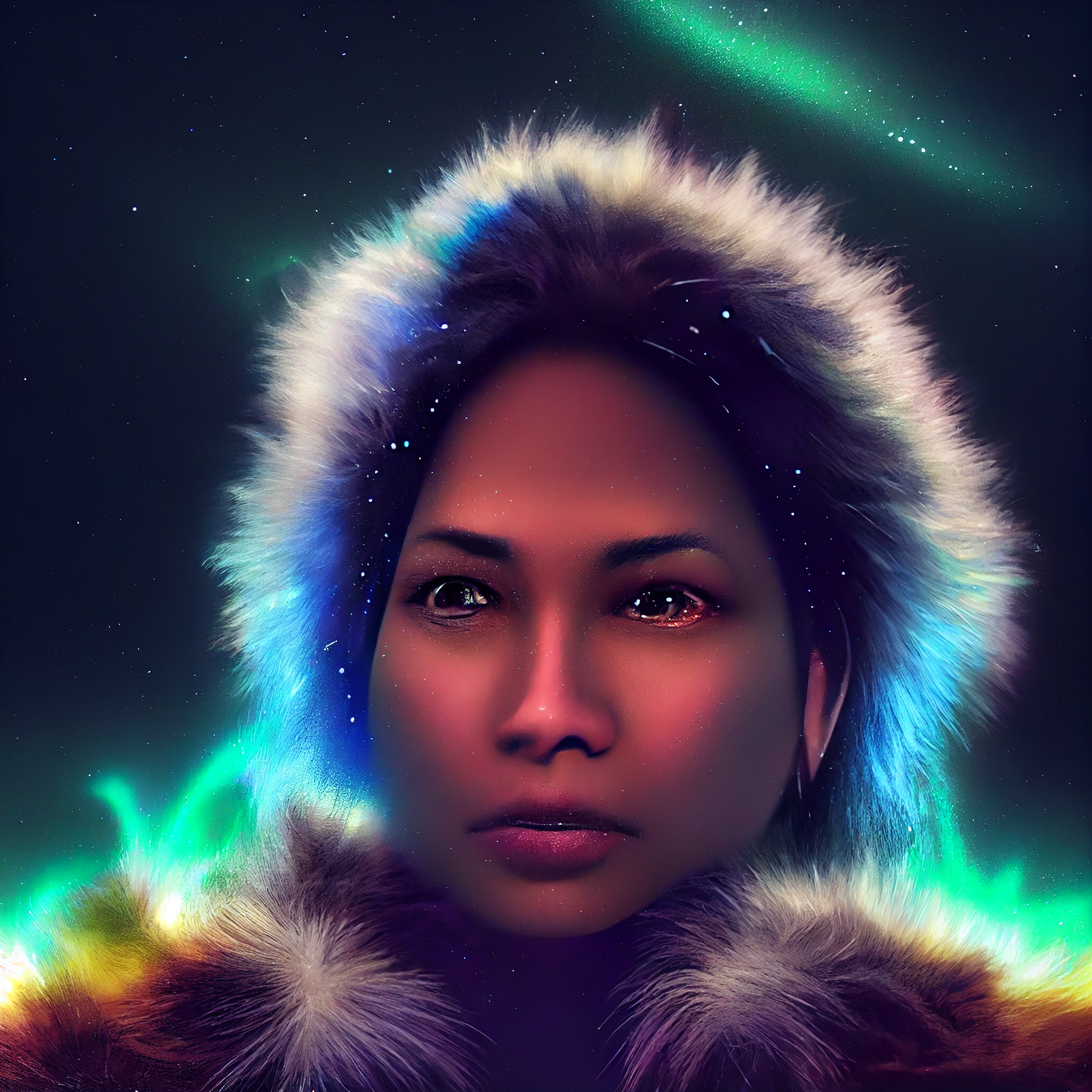 "photrealistic, hyper-detailed, photography portrait of a polynesian woman in a fur parka; northern lights are reflected in her eyes, she is in a blizzard. northern lights in the sky, iridescent chromatic colour-shifting, 3d render, volumetric shadow