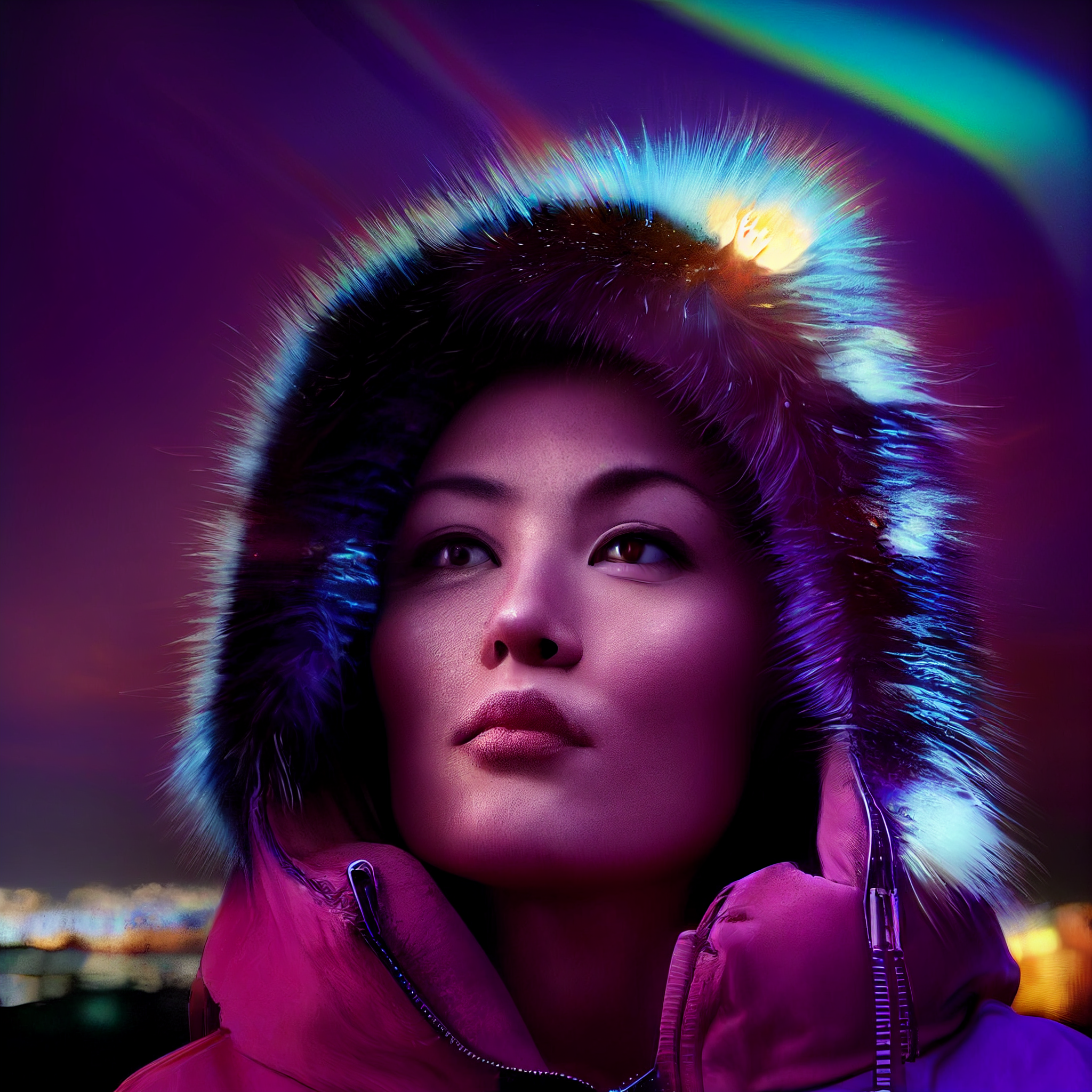 "movie poster for the movie "northern exposure," blue rim light,, iridescent chromatic colour-shifting, 3d render, 8k, you can see the neon skyline of a futuristic city in the background, photrealistic, hyper-detailed, photography portrait of a polyn