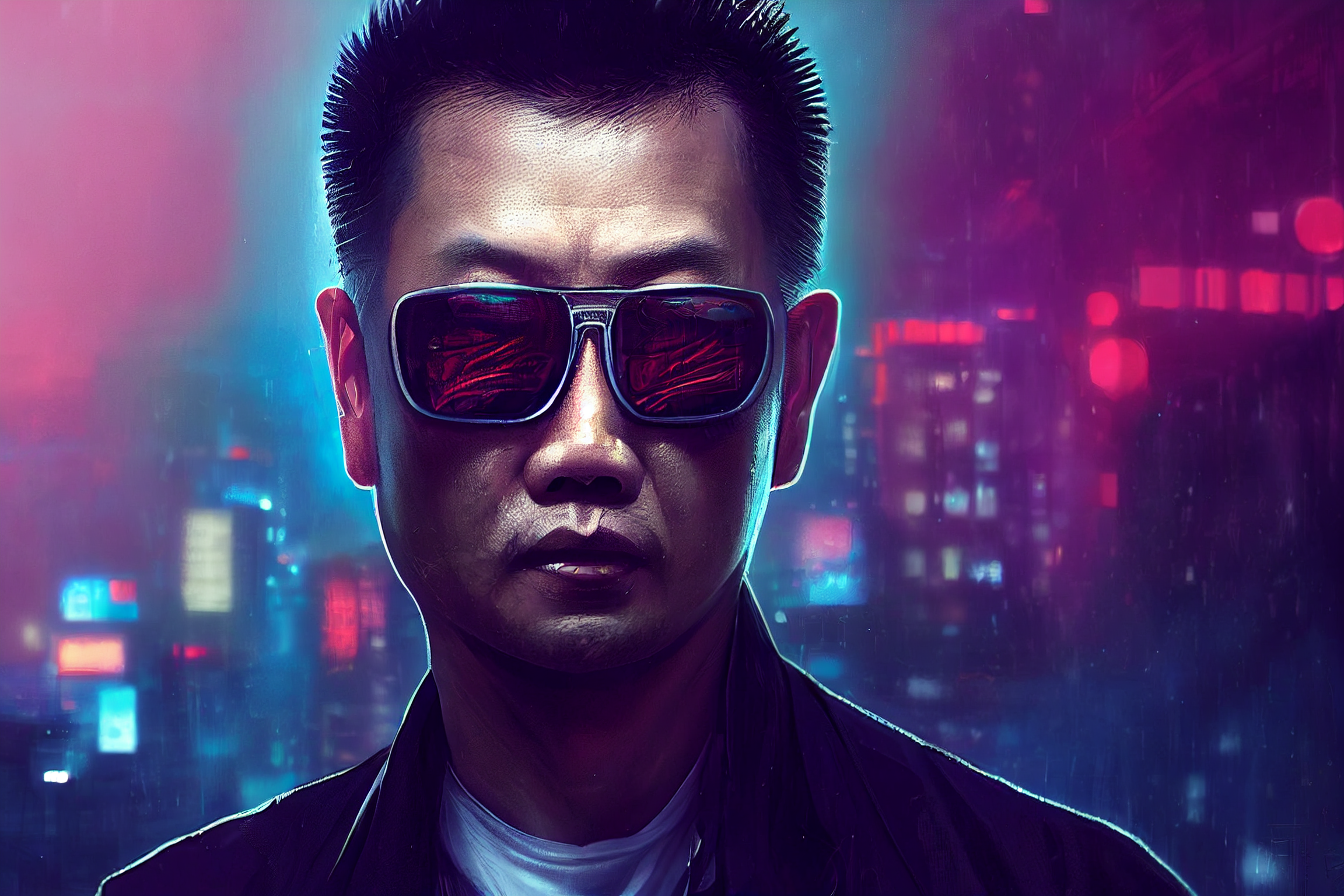 "in the style of takehiko inoue, foggy, close-up portrait, photography, 40-year-old filipino man, futuristic cyberpunk, insane amount of detail, bladerunner background, iridescent chromatic colour-shifting, dynamic lighting, octane render, 8k, hyper