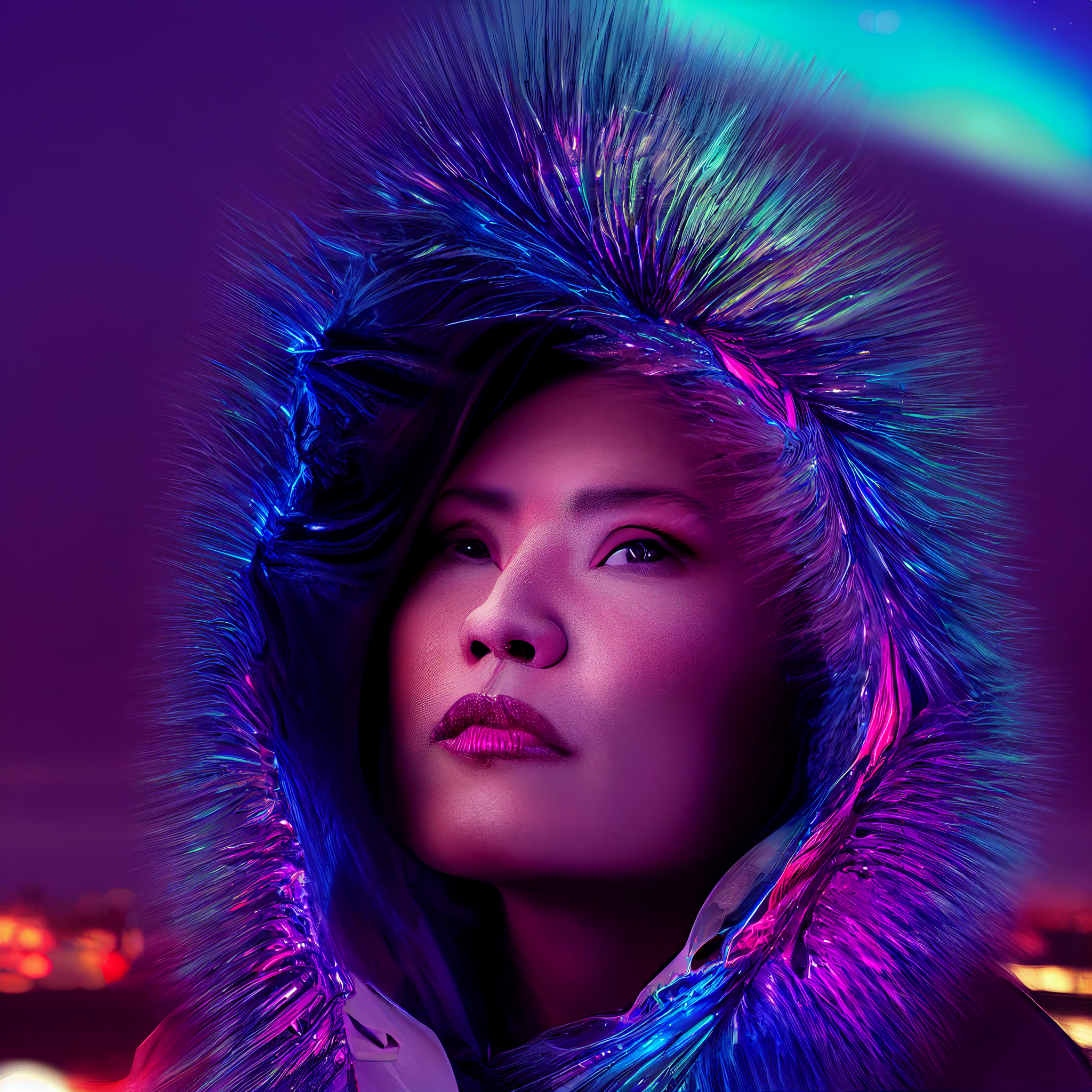 "blue rim light, iridescent chromatic colour-shifting, 3d render, 8k, you can see the neon skyline of a futuristic city in the background, photrealistic, hyper-detailed, photography portrait of a middle-aged polynesian woman; the wind is blowing shee
