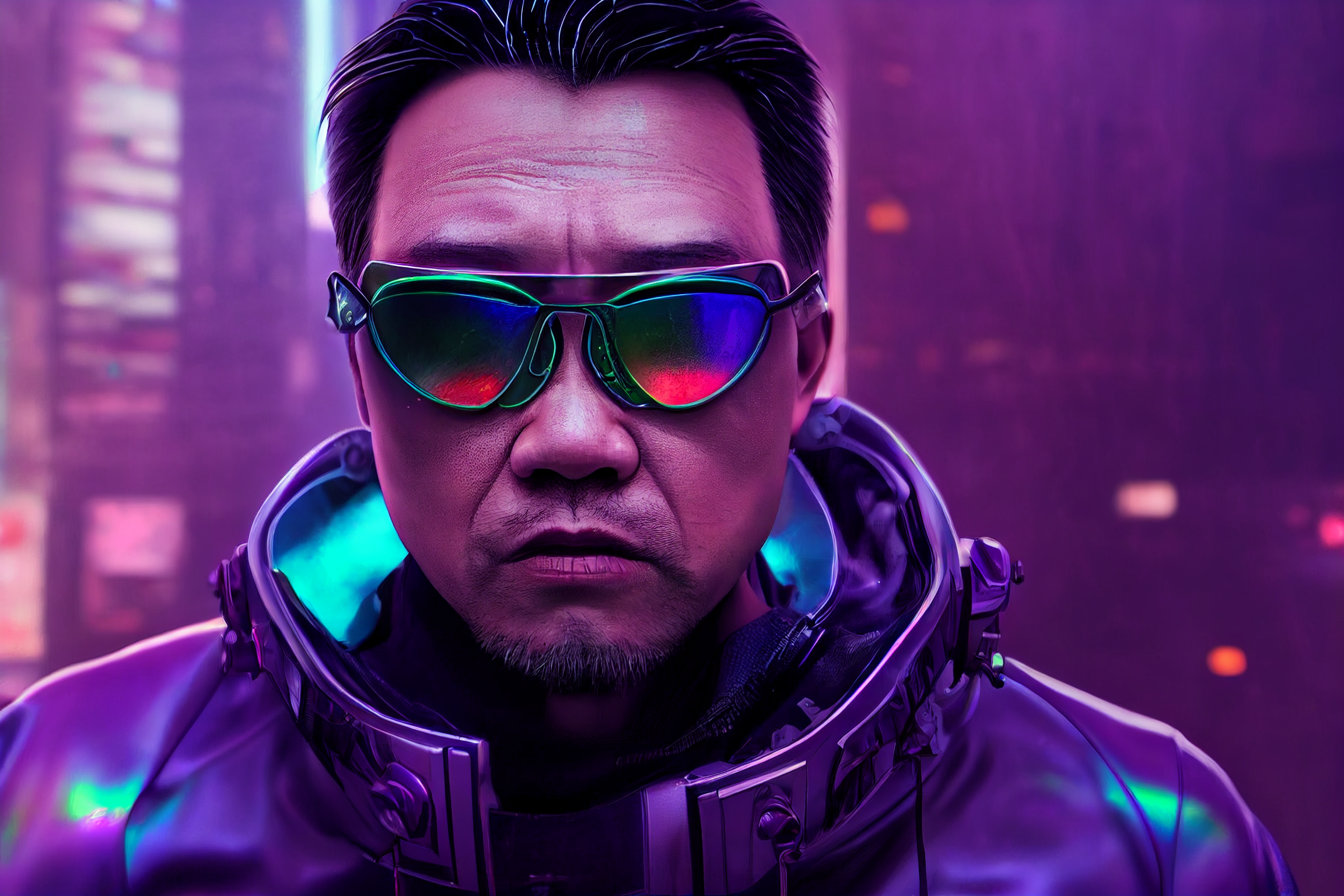 "wrinkles, iridescent chromatic colour-shifting, dynamic lighting, 40-year-old filipino man, futuristic cyberpunk, purple rim light, neon green rimmed sunglasses, in the style of takehiko inoue, foggy, futuristic cyberpunk, insane amount of detail, b