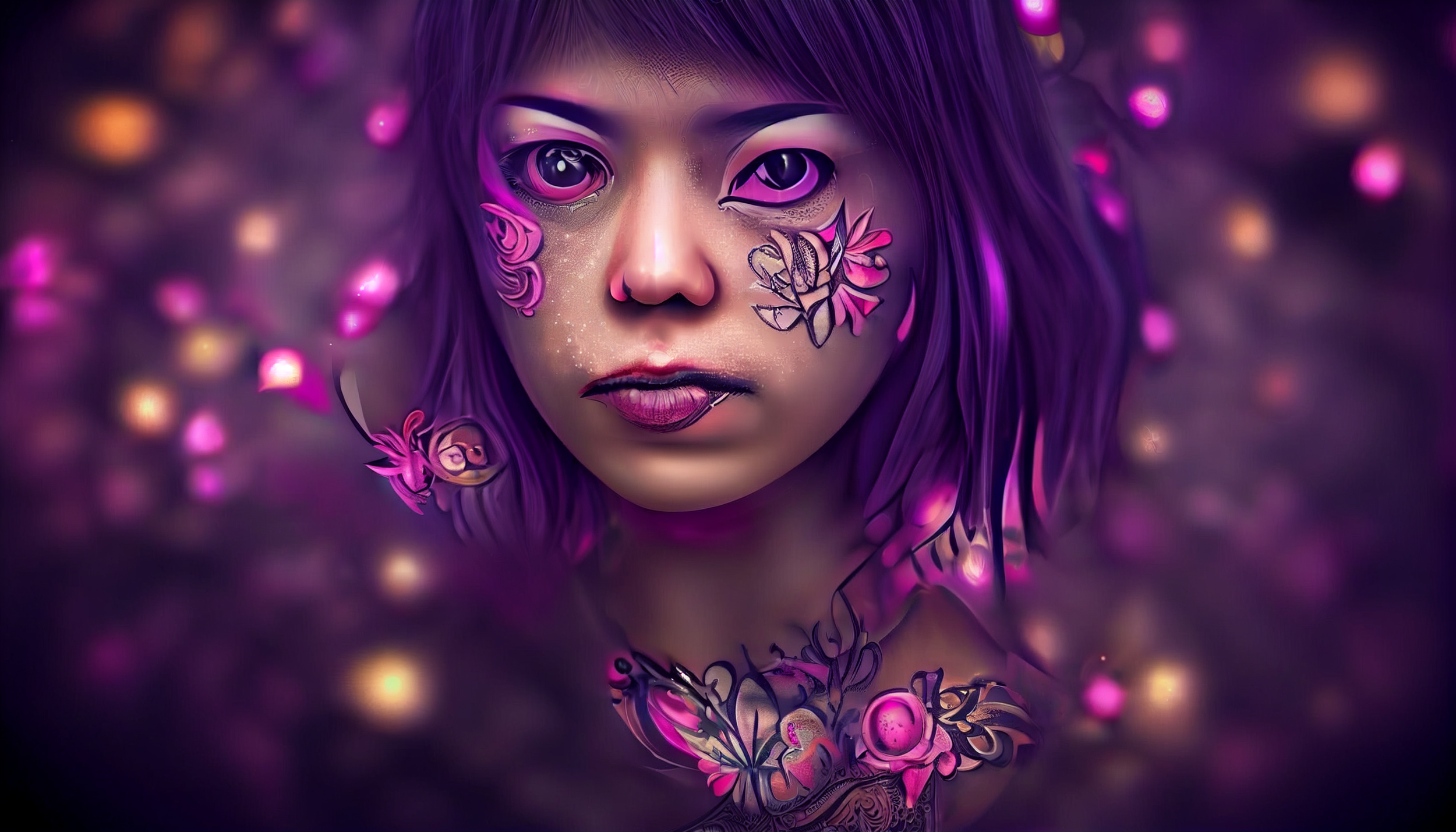 "hyper-realistic, 3d render, photo realism, filigree face tattoo of a flower, milky way reflected in her eyes, octane render, purple highlights, pink rim light, surreal, futuristic, psychedelic highly detailed background, bokeh, volumetric shadows, 3